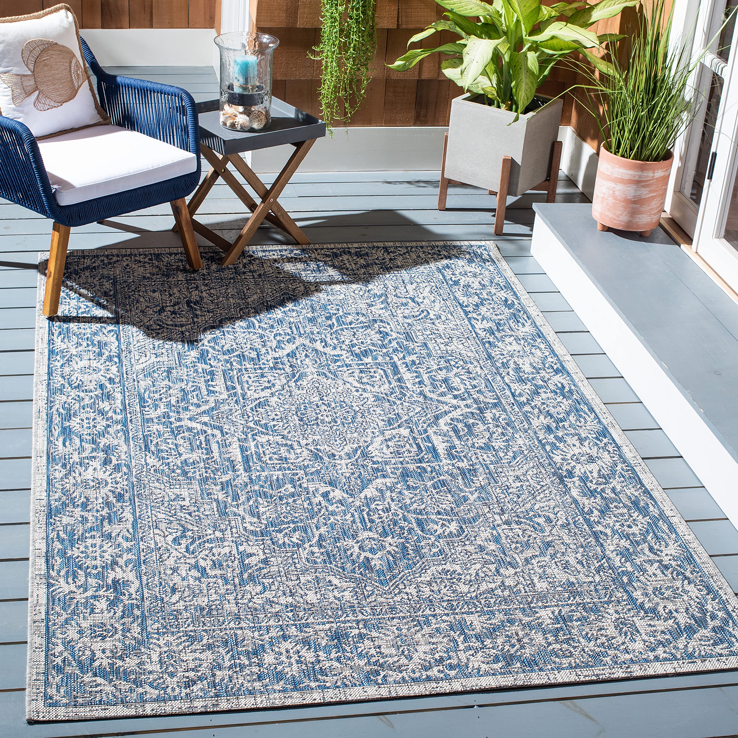 SAFAVIEH Courtyard Collection 9' x 12' Light Grey/Navy Indoor Outdoor Waterproof Rug - Easy to Clean, Stain Resistant for Patio, Backyard, Mudroom, Deck & Poolside Use