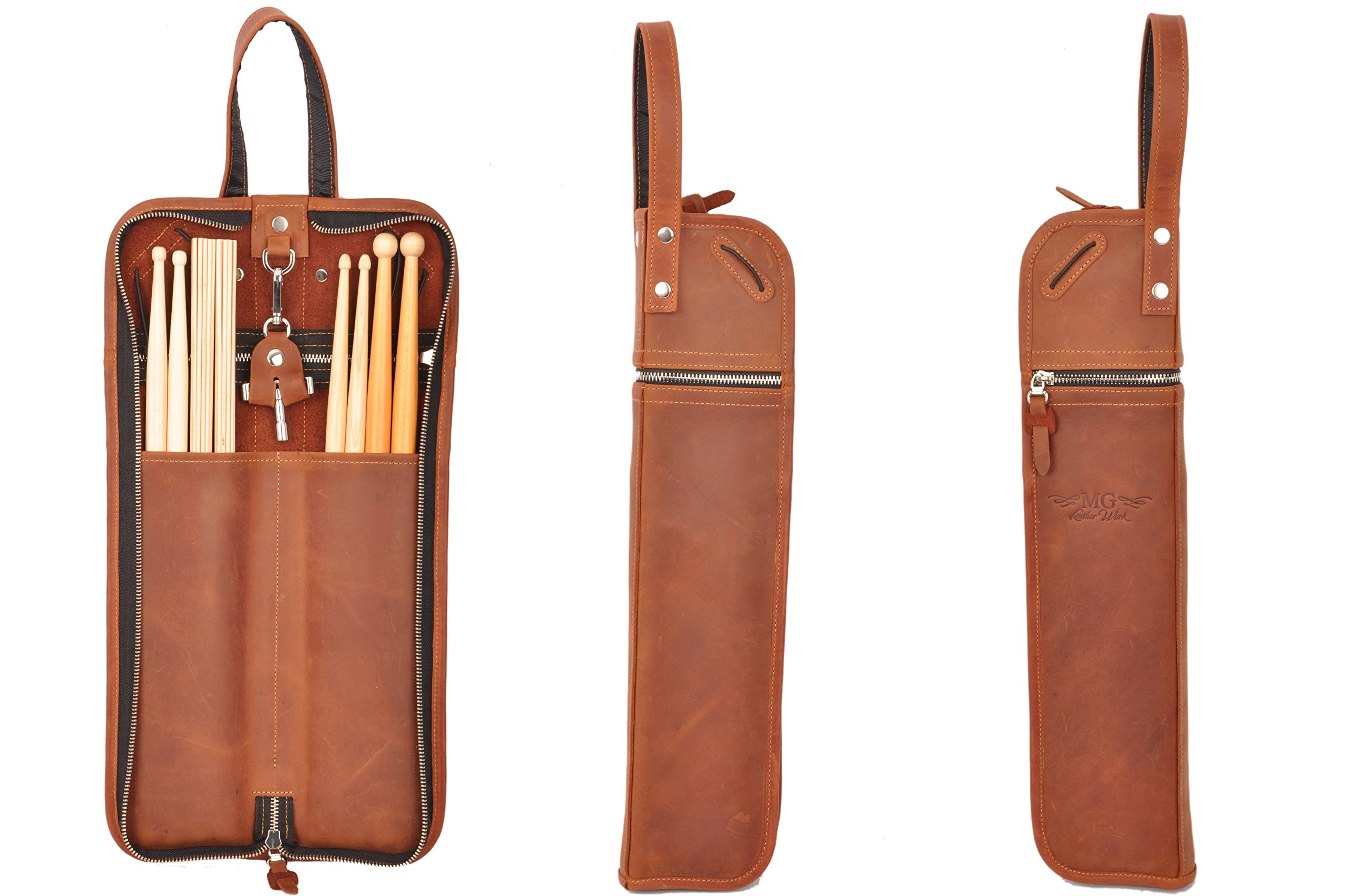 **Handmade Genuine Leather Drumstick Bag with Drum Key Holder - Compact Size in Cognac for Kids & Adults - Perfect for Drummers, Music Lessons & Live Performances**