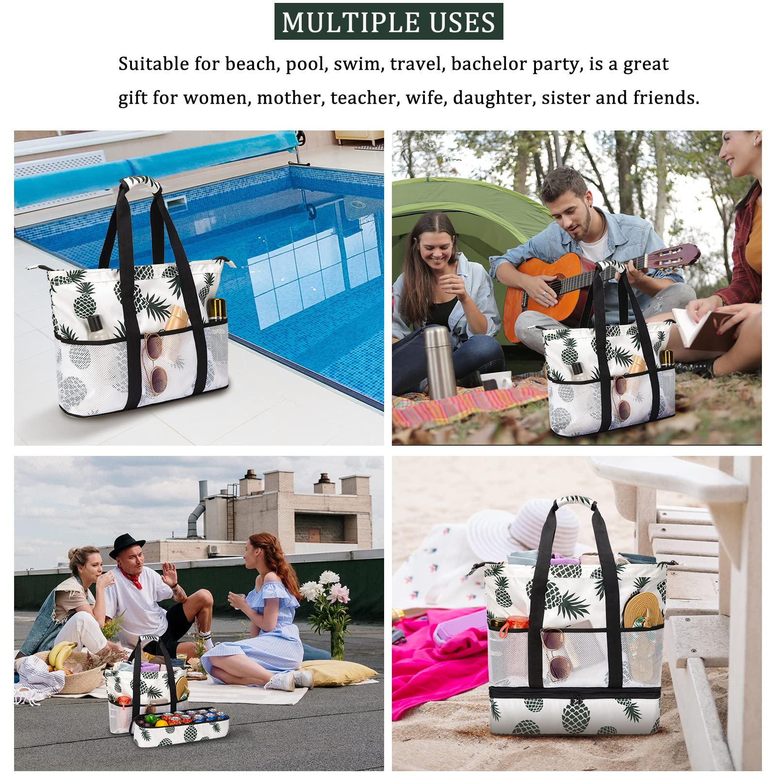 Octsky Large Waterproof Beach Tote Bag with Cooler & 9 Pockets - Sandproof Zippered Pool Bag for Women | Perfect for Beach Trips, Pool Parties & Summer Vacations