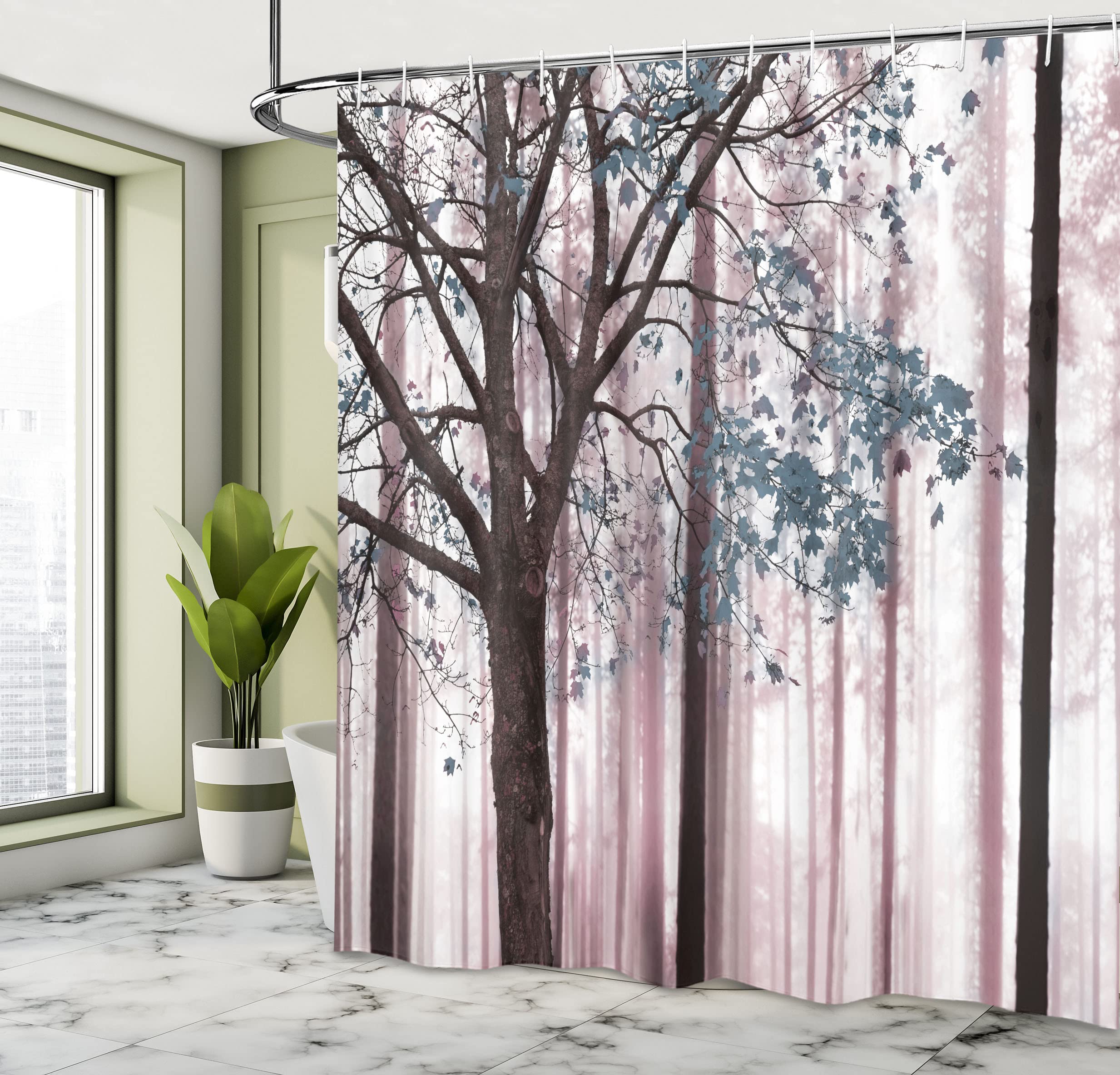 Ambesonne Autumn Shower Curtain - Waterproof Fabric Bathroom Decor with Hooks, 69x75 Inches, Grey Pink Abstract Woodland Print, Lonely Tree Leaves Design | Perfect for Fall Home Decor, Cozy Bathroom Upgrade, Gift for Nature Lovers