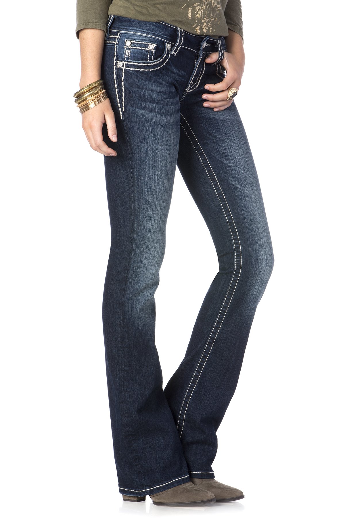 Miss Me Women's Loose Fit Bootcut Jeans with Saddle Stitch Detail - Comfortable Stretch Denim for Casual Wear & Everyday Outfits
