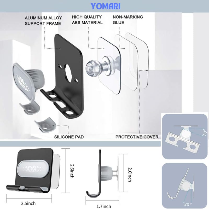 YOMARI Wall Mount Cell Phone Holder - Waterproof Shower Phone Stand with Strong Suction Cup for iPhone, Samsung, Google Pixel (Black-Gray) - Perfect for Bathroom, Kitchen, Gym & Car Use