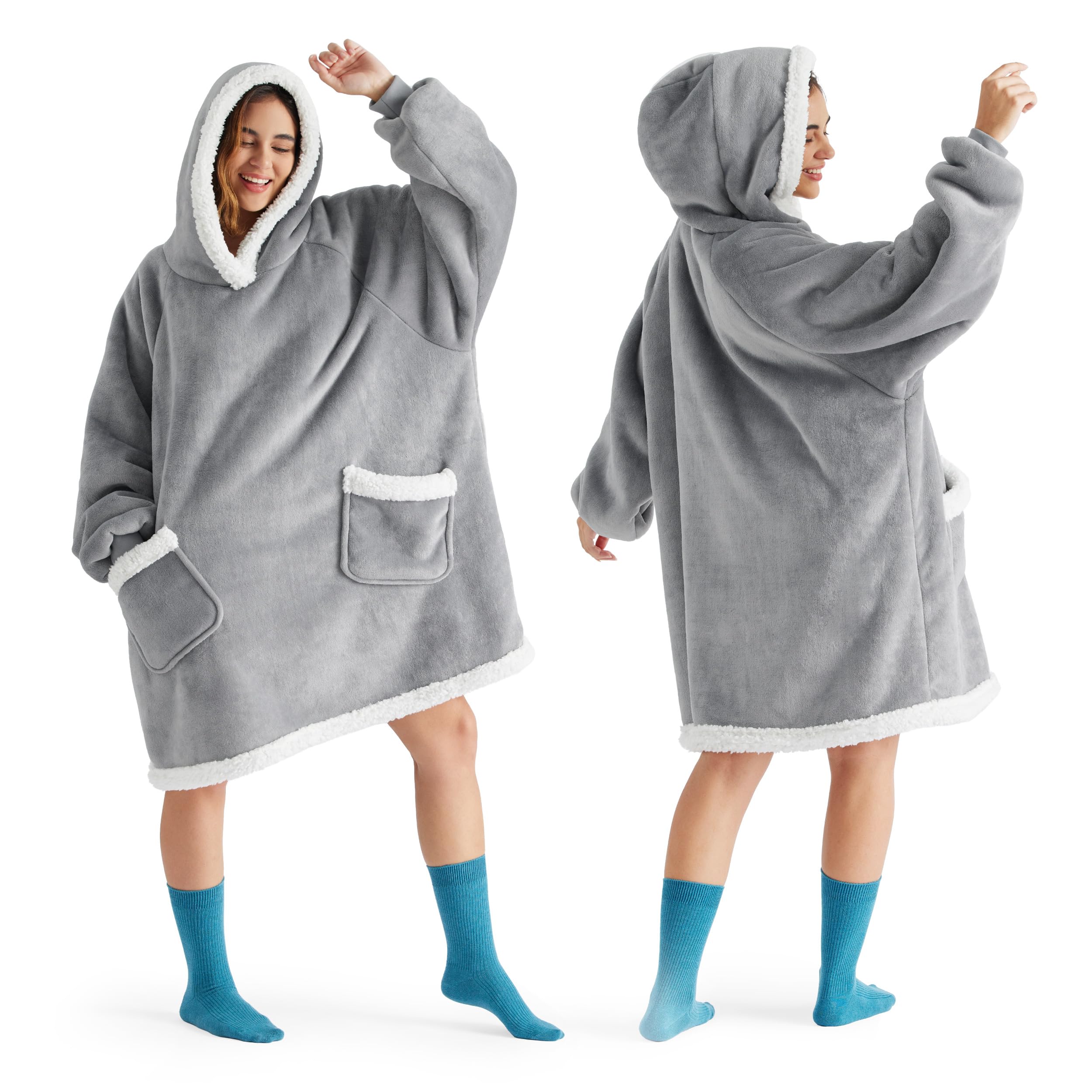 Bedsure Wearable Blanket Hoodie for Adults & Kids - Soft Fleece Sherpa Blanket with Sleeves, Grey Small - Perfect Birthday Gift for Women, Men, Mom on Mother's Day - Cozy for Movie Nights, Camping & Lounge Wear