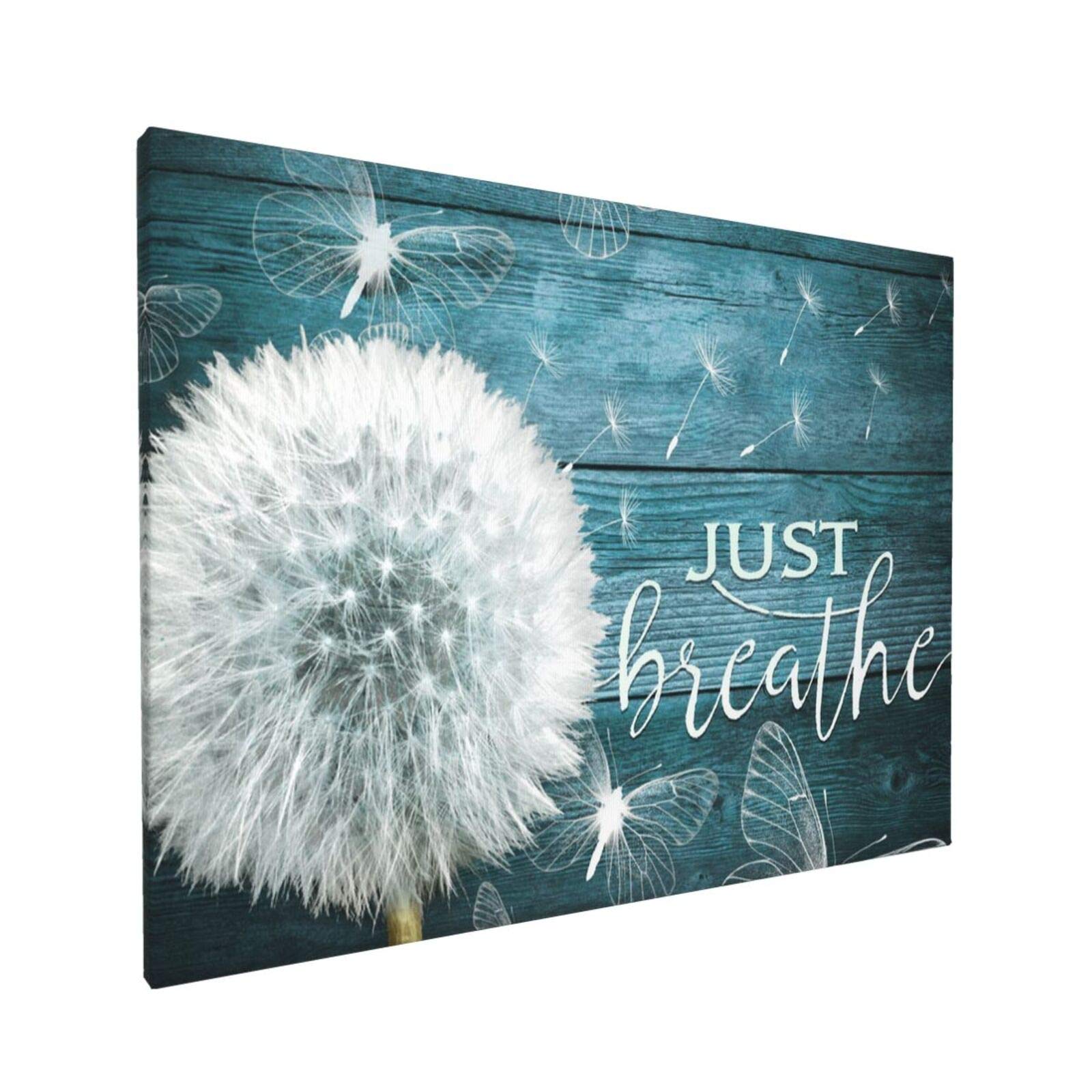 BOLDROLE Just Breathe Teal Dandelion Canvas Wall Art - 12x16 Inch Framed Floral Print for Home & Office Decor | Ready to Hang Living Room, Bedroom, Bathroom Wall Decor | White Flower Botanical Painting