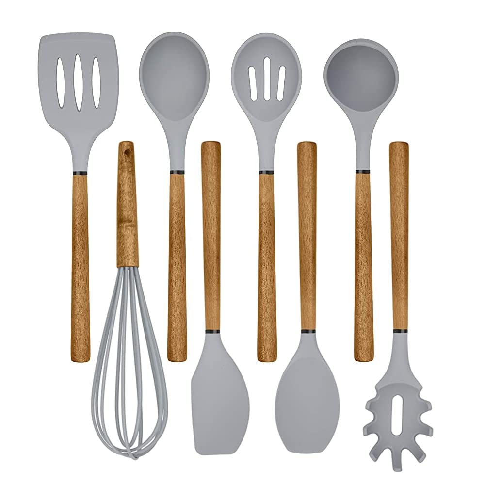 Premium 8-Piece Silicone Kitchen Utensil Set - Wooden Handle Nonstick Cooking Tools for Pots & Pans - Heat-Resistant Spatulas, Spoons & Gadgets - Easy Clean Gray Kitchen Essentials for Baking, Frying & Everyday Cooking