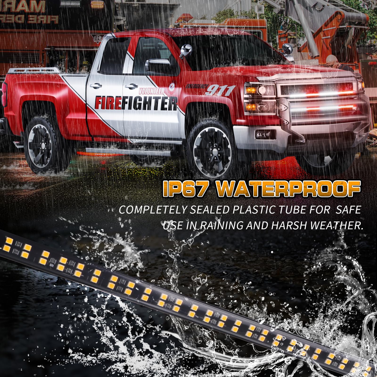 XRIDONSEN 2PCS 24 Inch LED Truck Grill Emergency Lights - 288 Red & White Strobe Flashing Warning Lights for Fire Trucks, Pickup, Emergency Vehicles | Waterproof, Durable Safety Lights for First Responders & Roadside Assistance