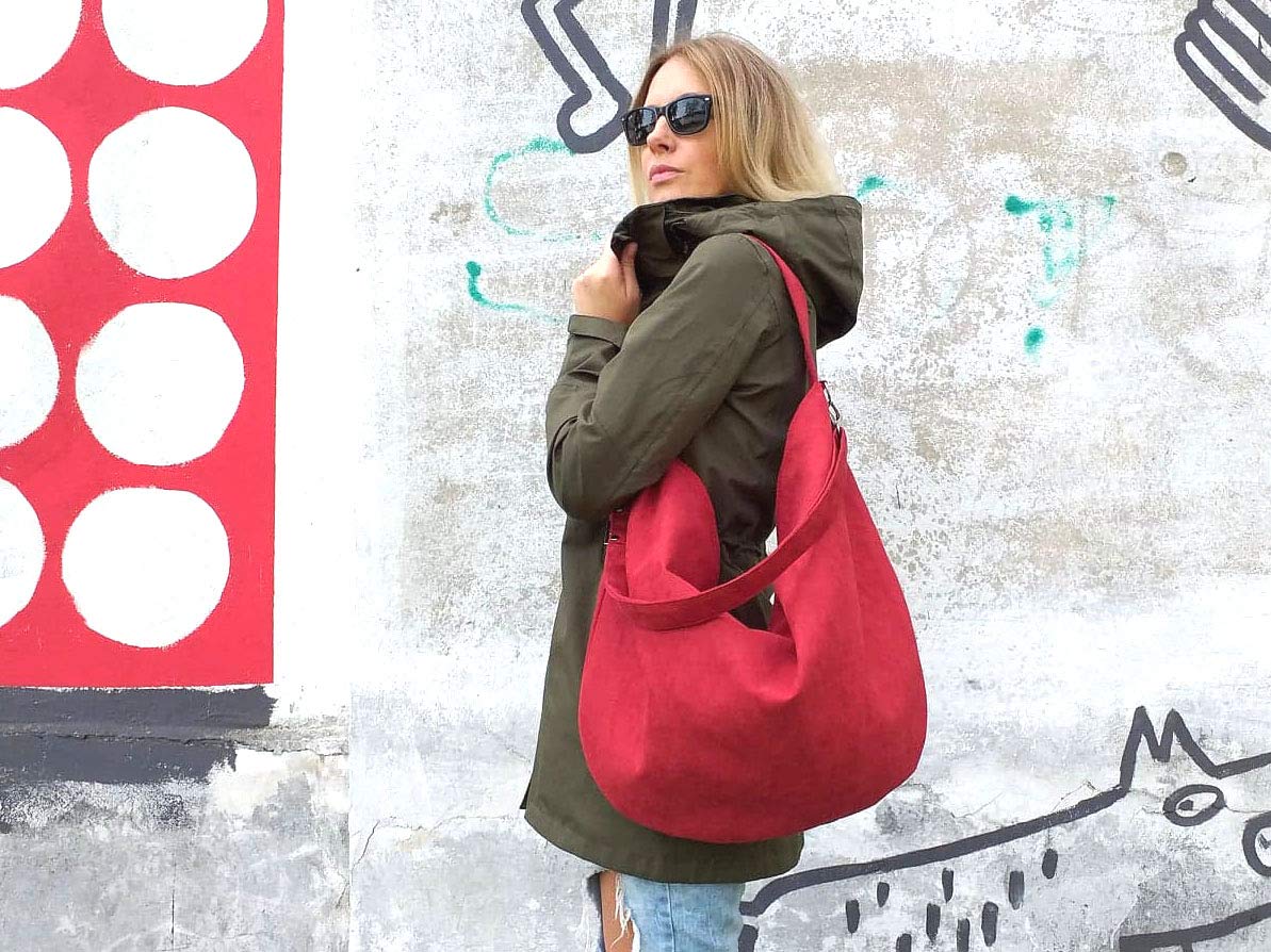 Stylish Red Hobo Bag with Adjustable Strap - Large Crossbody, Shopping, Work & School Bag in Eco Suede & Vegan Faux Leather - Perfect for Daily Commute, Office & Casual Outings