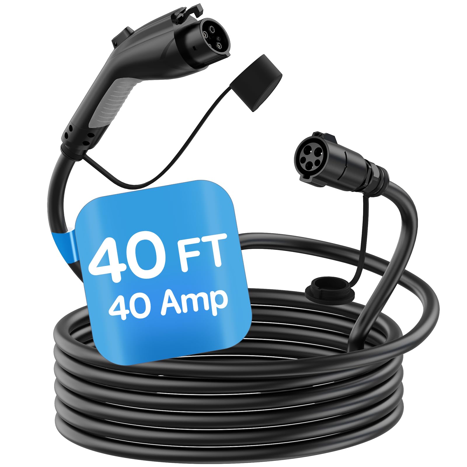 40ft 40Amp J1772 EV Charger Extension Cable - SAE J1772 Compatible for 110V-240V Level 1/Level 2 Charging - Waterproof IP66 Car Charger Cord with Storage Bag - Perfect for Home, Garage & Outdoor EV Charging