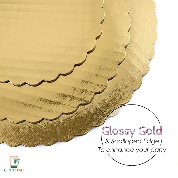 Premium 10-Inch Round Cake Boards (Pack of 10) - Sturdy MDF Cardboard Disposable Cake Stand for Wedding, Birthday & Party Decorations - Gold Scalloped Edge Tart & Pizza Base - Perfect for Bakers & Dessert Displays