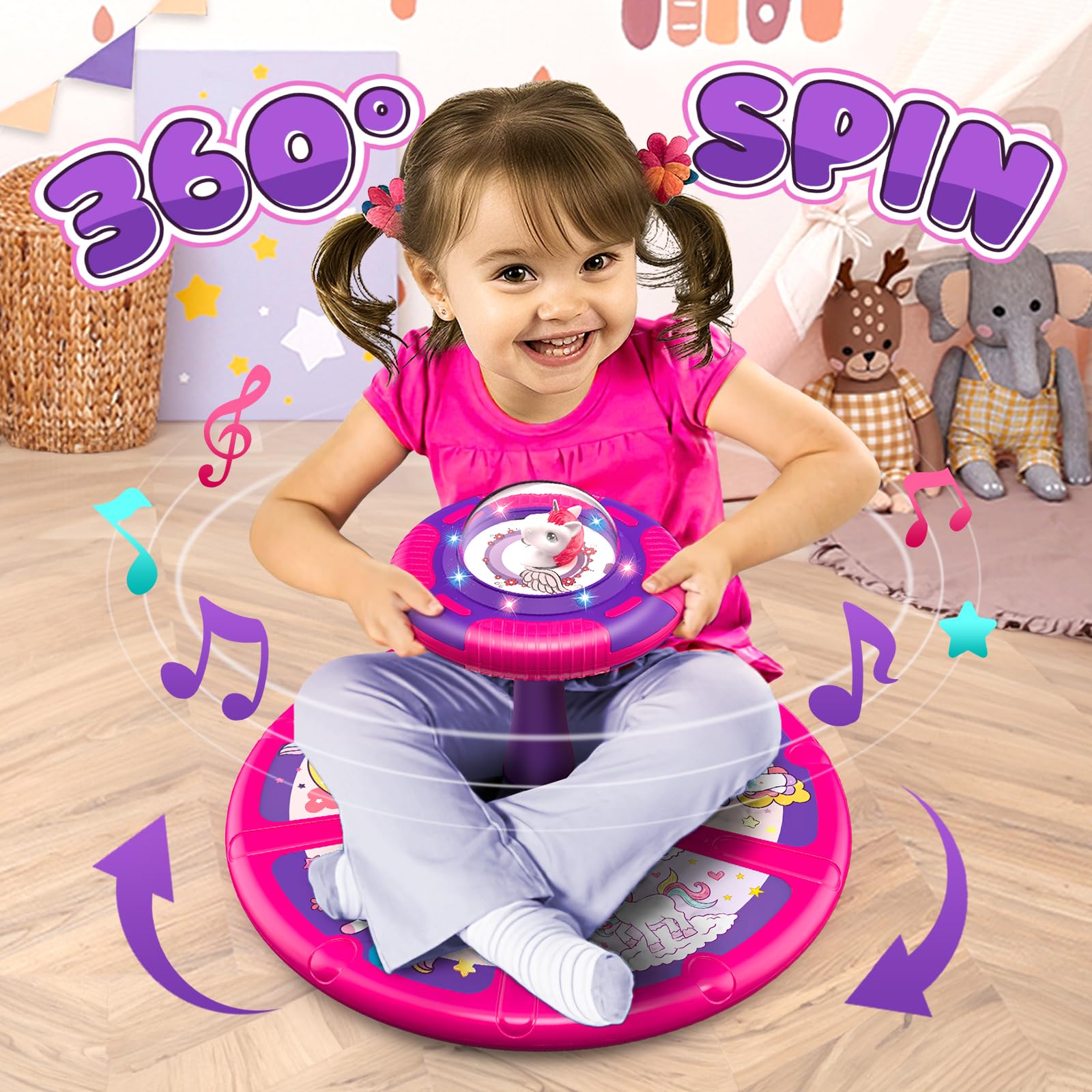 Flooyes Unicorn Sit and Spin Toy for Toddlers 1-3 Years Old - LED Light & Music 360° Rotating Ride-On Toy - Best Birthday Gift for 2-4 Year Old Girls - Perfect for Indoor Play, Preschool Activity & Toddler Entertainment