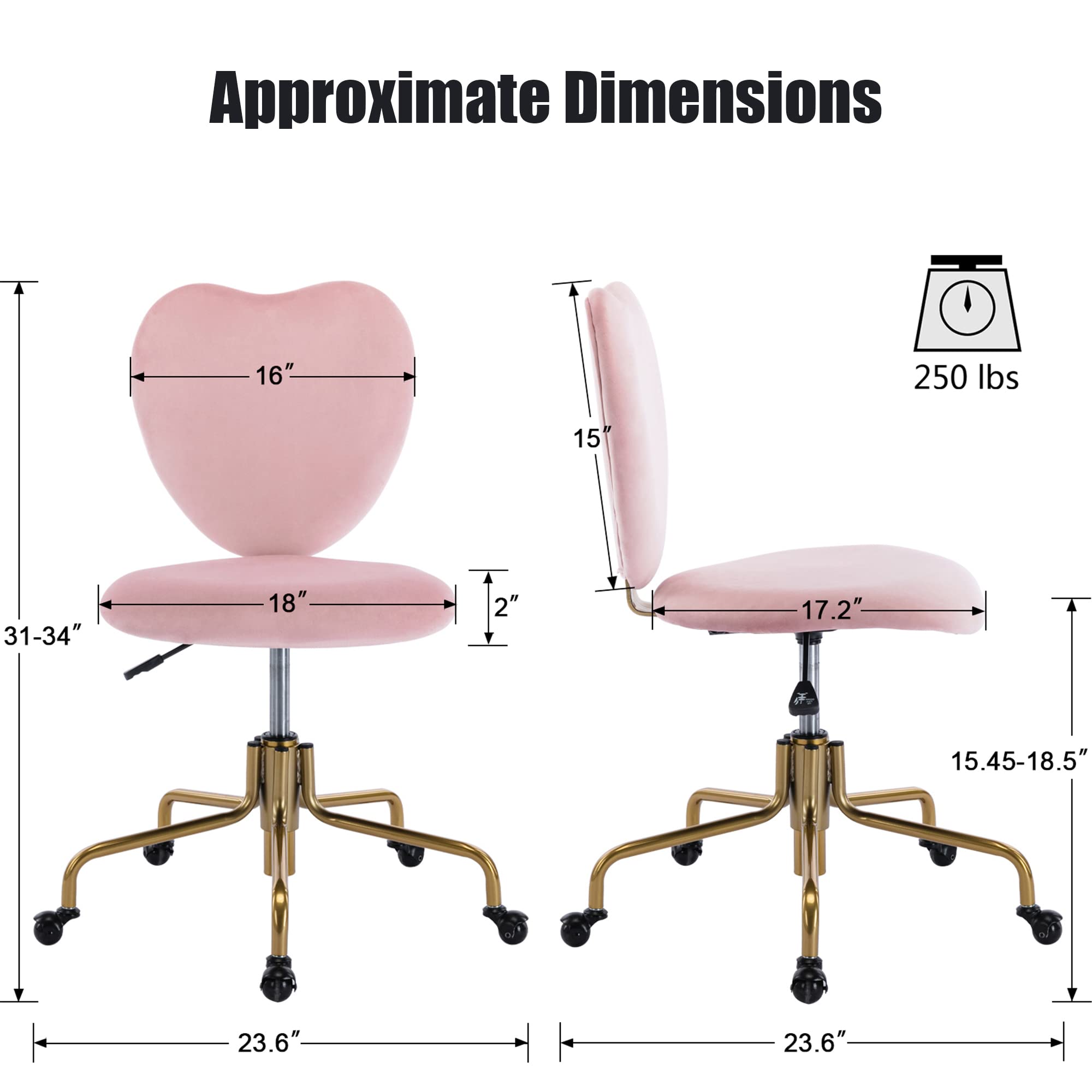 Pink Velvet Swivel Office Chair with Adjustable Height, Wheels & Heart-Shaped Back - Ergonomic Desk Chair for Home Office, Vanity, Study & Gaming