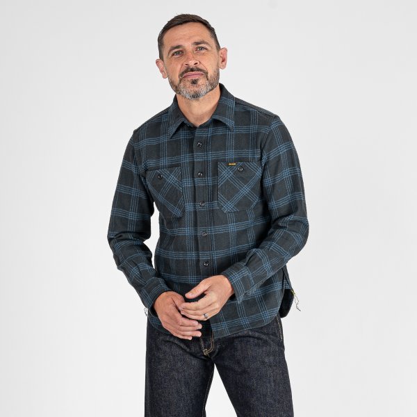 Iron Heart IHSH-408 12oz Heavyweight Slub Flannel Checkered Work Shirt - Black | Durable Men's Shirt for Outdoor Work & Casual Wear