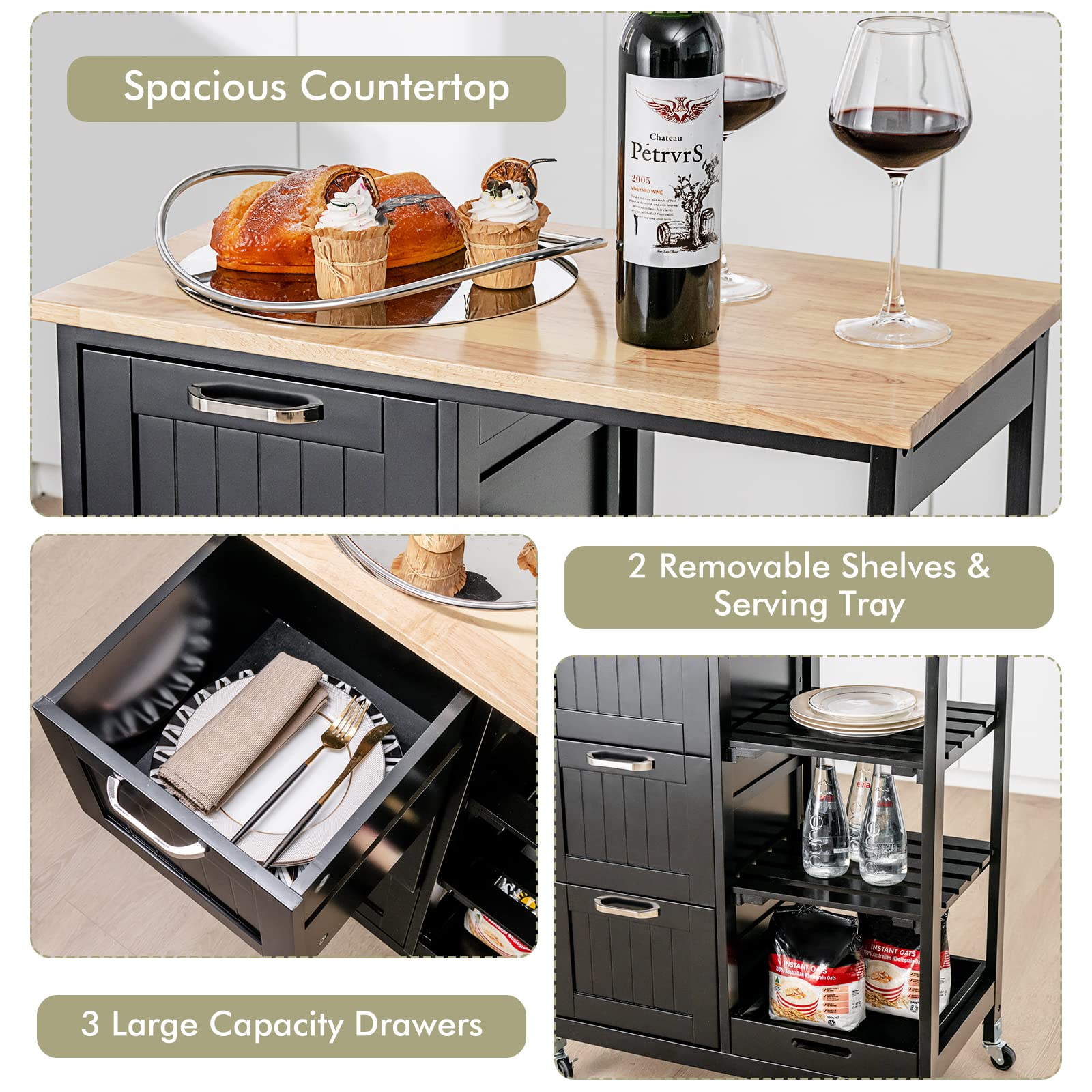 PETSITE Kitchen Island Cart with Storage & Wheels - Rolling Small Island Table with Drawers & Shelves for Home Kitchen, Dining Room or Small Apartment - Black Mobile Kitchen Organizer for Cooking, Baking & Food Prep