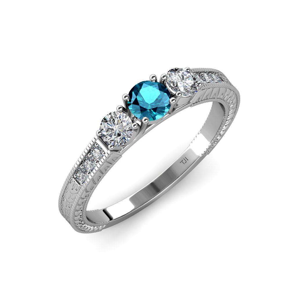 London Blue Topaz & Diamond Milgrain 3 Stone Ring - 0.85ctw Side Diamonds in 14K White Gold | Elegant Engagement, Anniversary & Gift Jewelry for Women