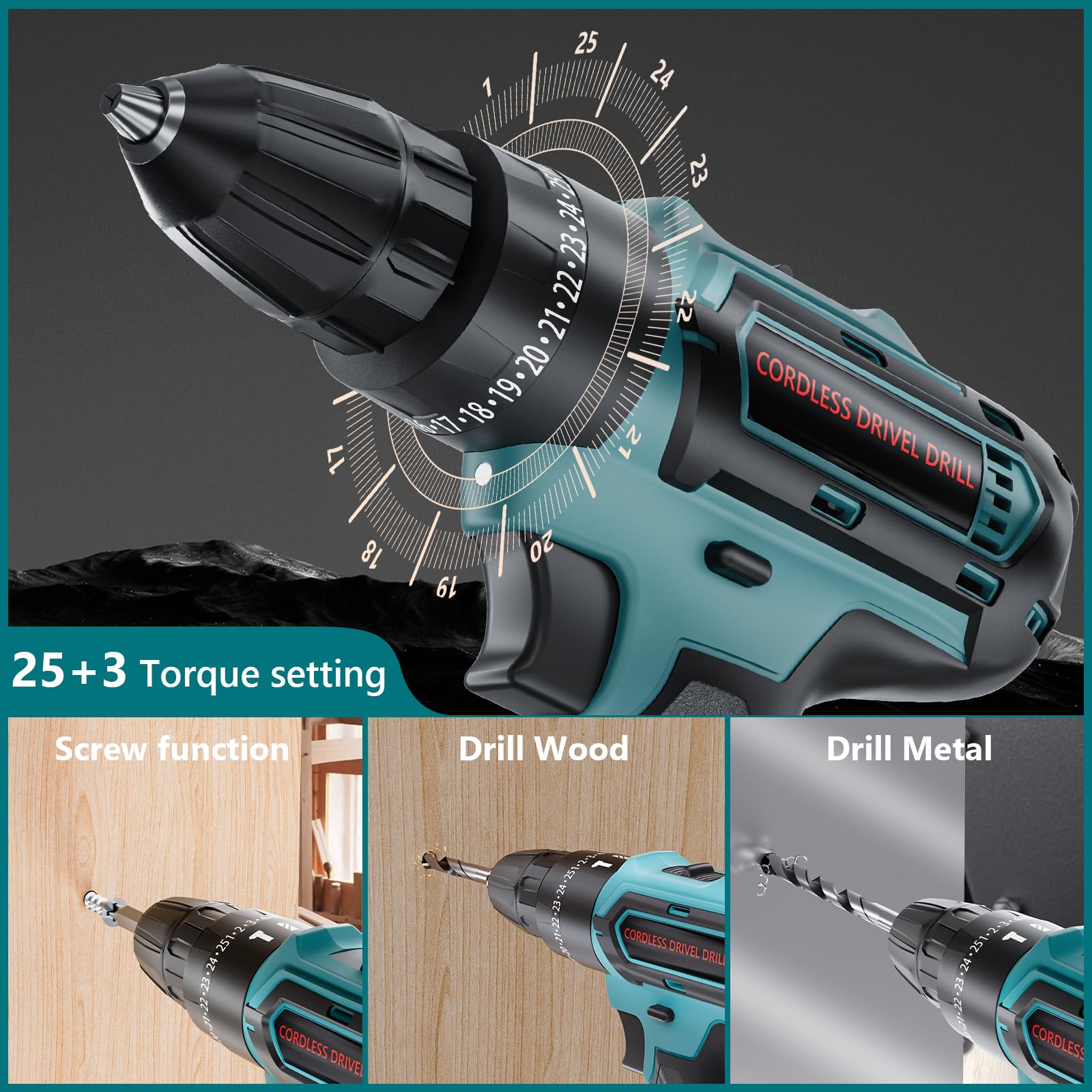 21V Cordless Drill Set with 2 Batteries & Charger - 45Nm Electric Power Drill Driver, 25+3 Torque, 2-Speed, 3/8