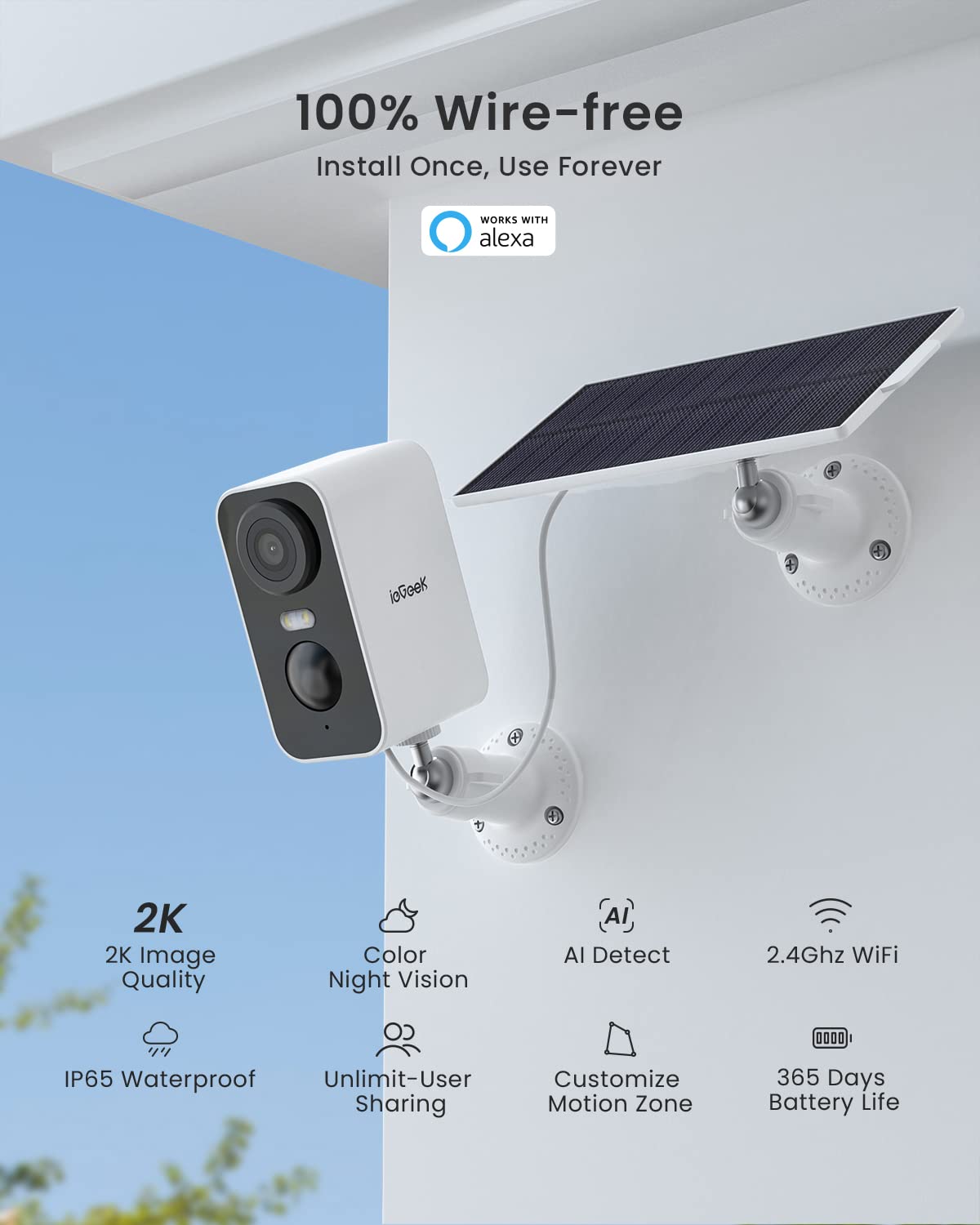 ieGeek 2K Solar Security Camera Outdoor Wireless - No Monthly Fee, Color Night Vision, Battery Powered CCTV Camera System, WiFi Outdoor Home Security Camera with Sound, Floodlight Alarm & Motion Detection - Ideal for Home, Garage, Yard & Property Surveillance