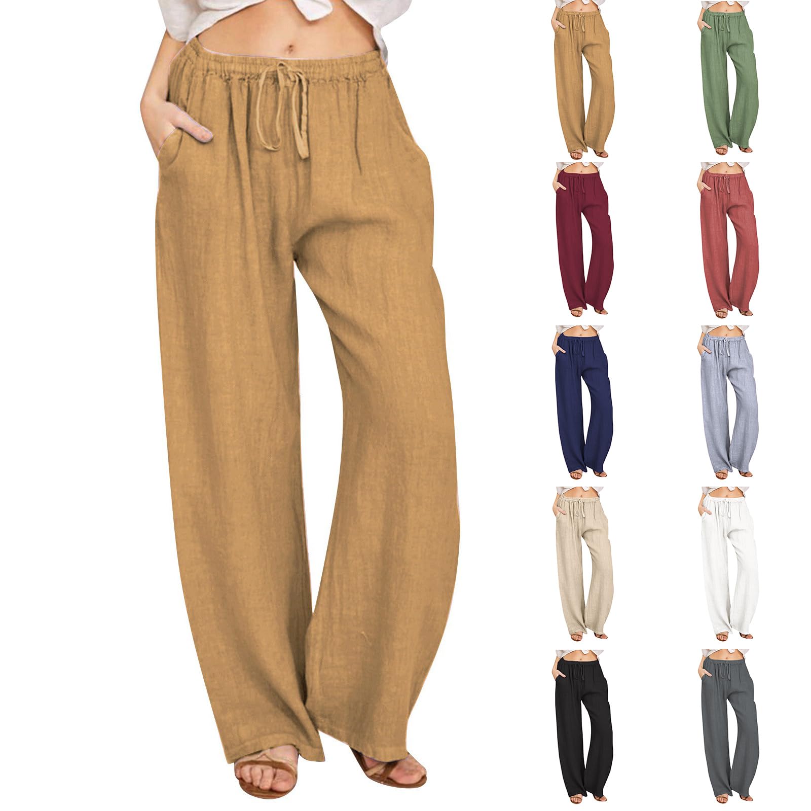 Women's Wide Leg Linen Pants - Summer Casual Palazzo Pants with Drawstring Waist, Lightweight & Flowy Boho Style, Beach Pants with Pockets - Perfect for Vacation, Yoga, and Everyday Wear