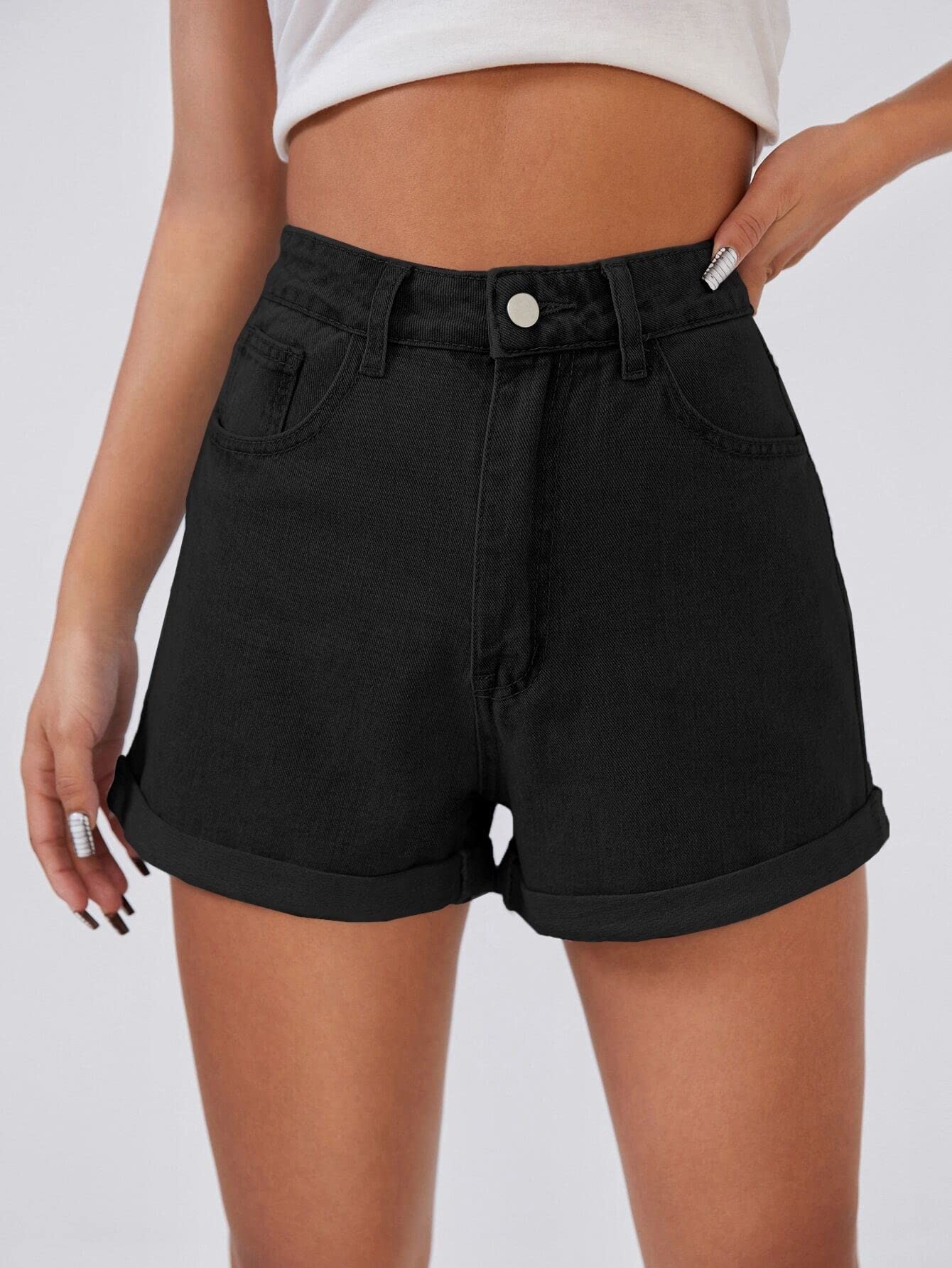 High Waist Roll Up Hem Denim Shorts for Women - Ripped Jean Shorts with Rolled Hem | Trendy Black XS Size | Perfect for Summer Outfits, Beach Trips & Casual Wear