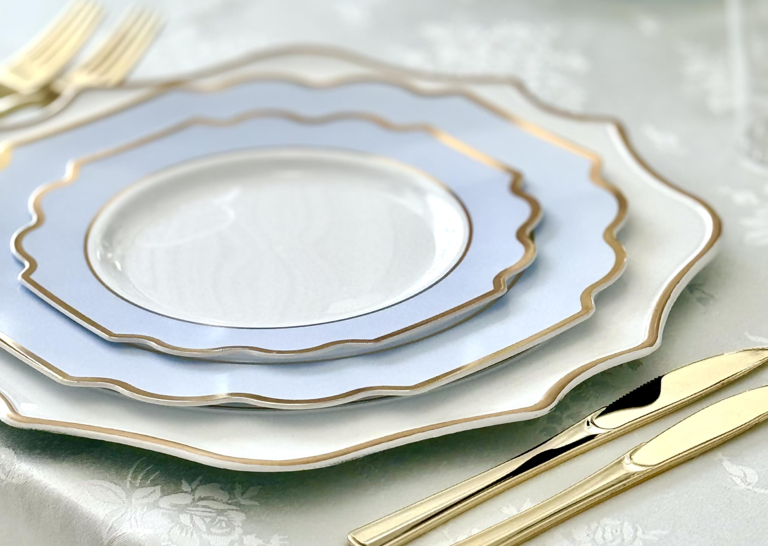 960-Piece Heavyweight Disposable Plastic Plate Set for Weddings & Parties - 120 x 10.5'' Dinner Plates + 120 x 8'' Dessert Plates + Silverware + Cups + Napkins (White, Blue & Gold) - Perfect for Large Gatherings, Catering Events & Special Occasions