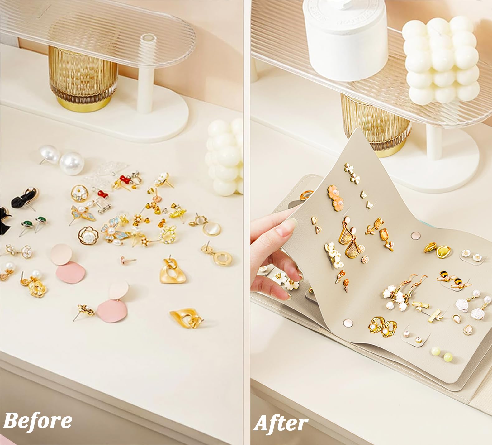 42-Pair Travel Earring Organizer Book - Compact Stud Earring Storage Case for Women & Girls | Portable Jewelry Holder for Travel, Home, Office & Gifts (Beige)