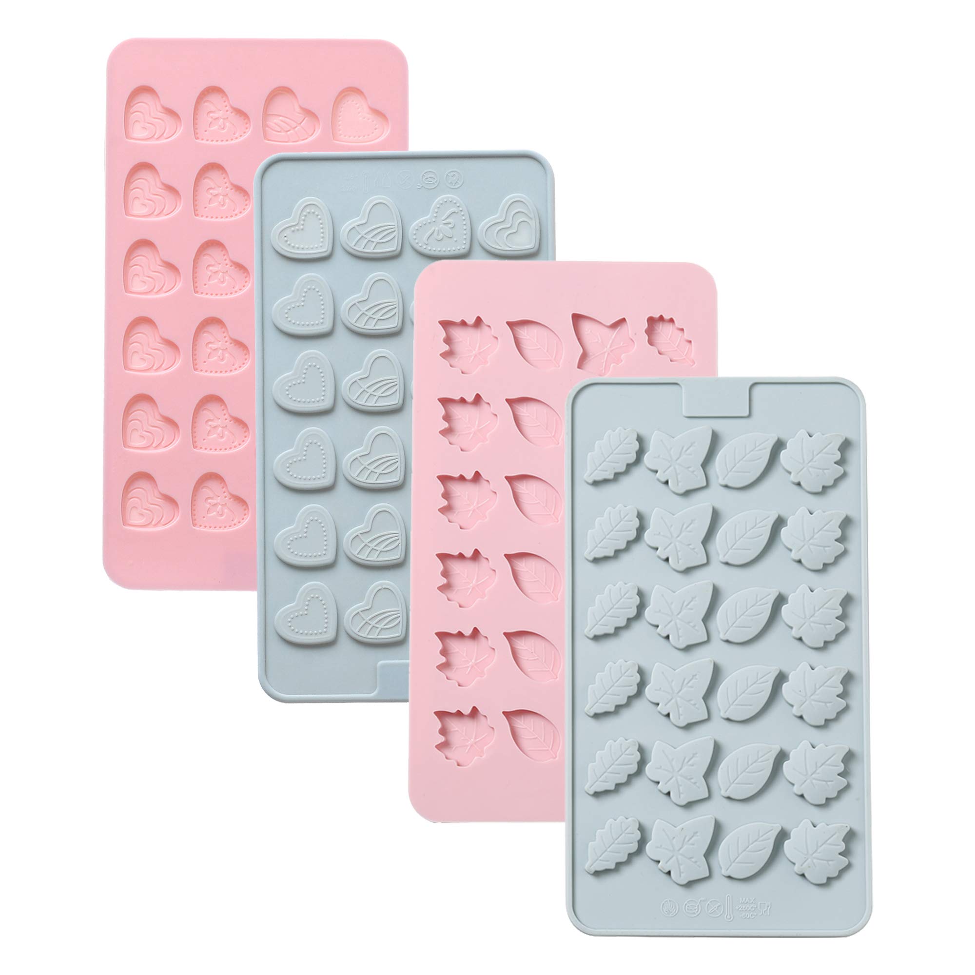 Verdental 4-Piece Small Silicone Leaf & Heart Chocolate Molds Set - Non-Stick Candy, Gummy, Cake Decorating & Ice Molds (Blue & Pink) - Perfect for DIY Desserts, Party Treats & Holiday Baking