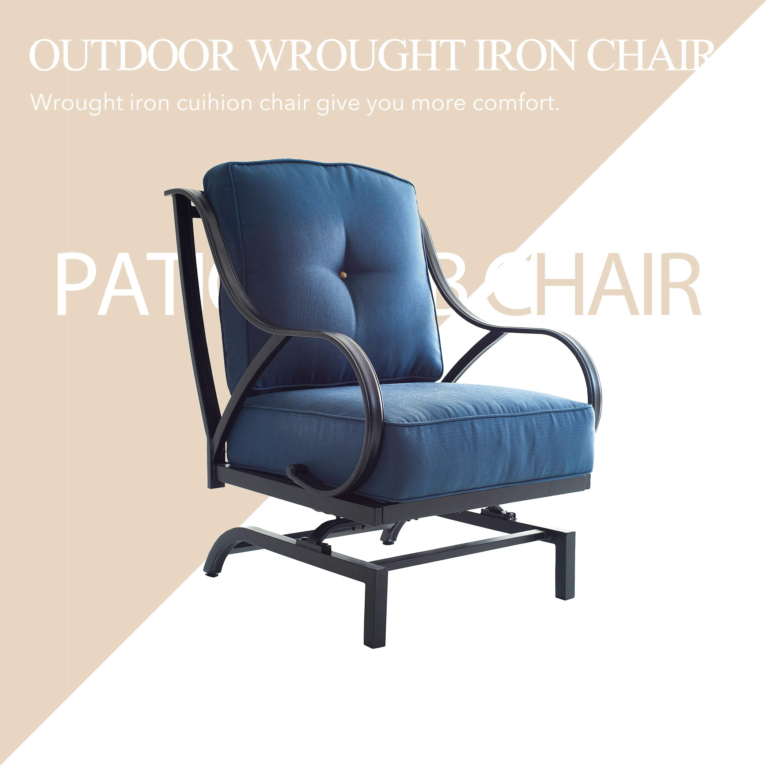 LOKATSE HOME Outdoor Bistro Chair - Wrought Iron Patio Furniture with Thick Cushions & Curved Armrests - Weather-Resistant Metal Conversation Armchair in Blue - Perfect for Garden, Deck, Poolside & Outdoor Dining Areas
