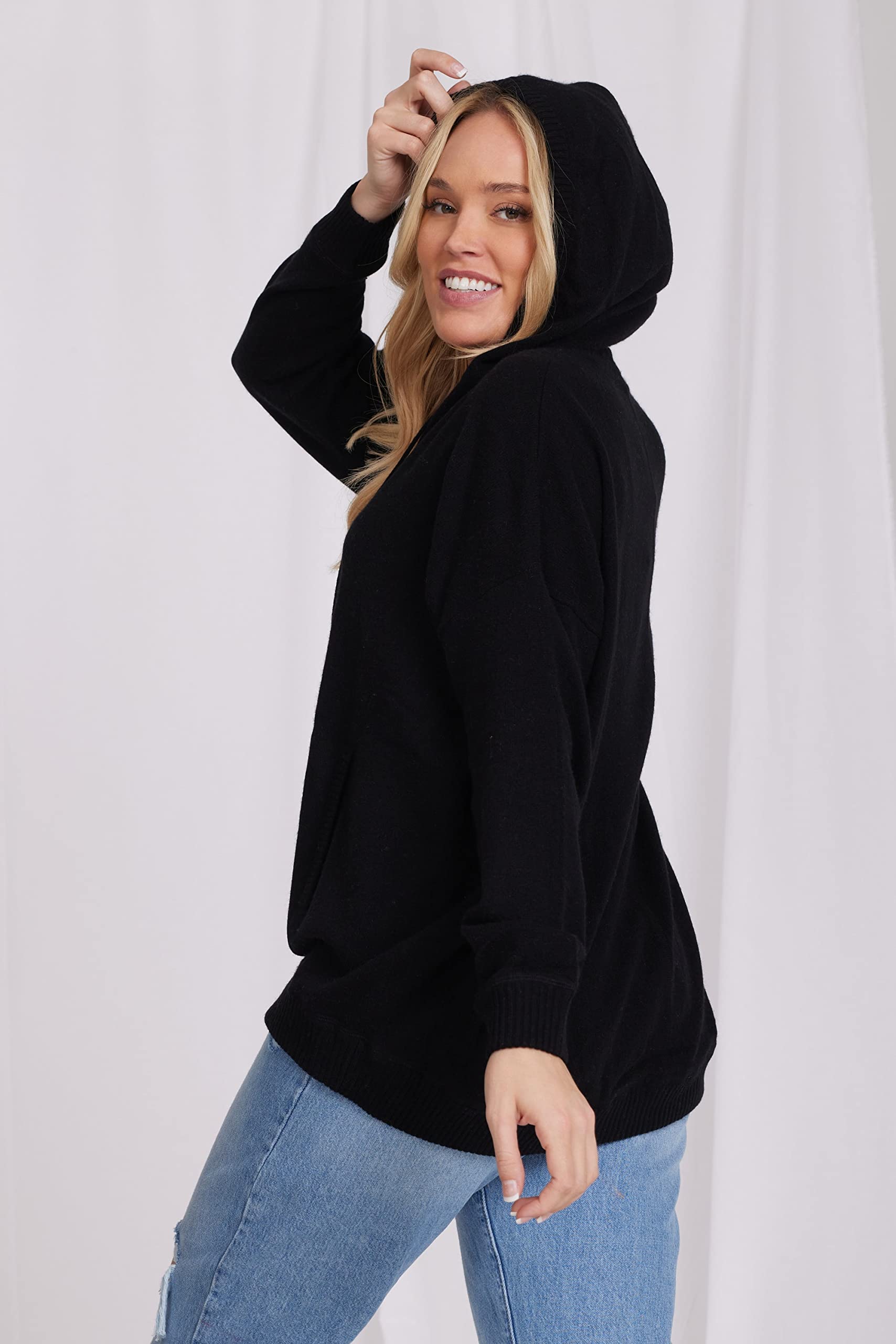 Minnie Rose Women's Oversized Cashmere Zip-Up Hoodie - Cozy Winter Sweatshirt for Casual Wear & Lounging