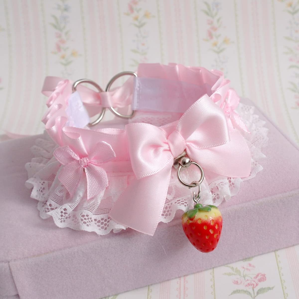 Red Strawberry Baby Pink Choker Necklace - Kawaii Kitten Play Collar with White Lace Ruffles Bow | Cute DDLG Neko Girl Accessories (19, Pink) | Perfect for Cosplay, Anime Conventions & Kawaii Fashion Outfits