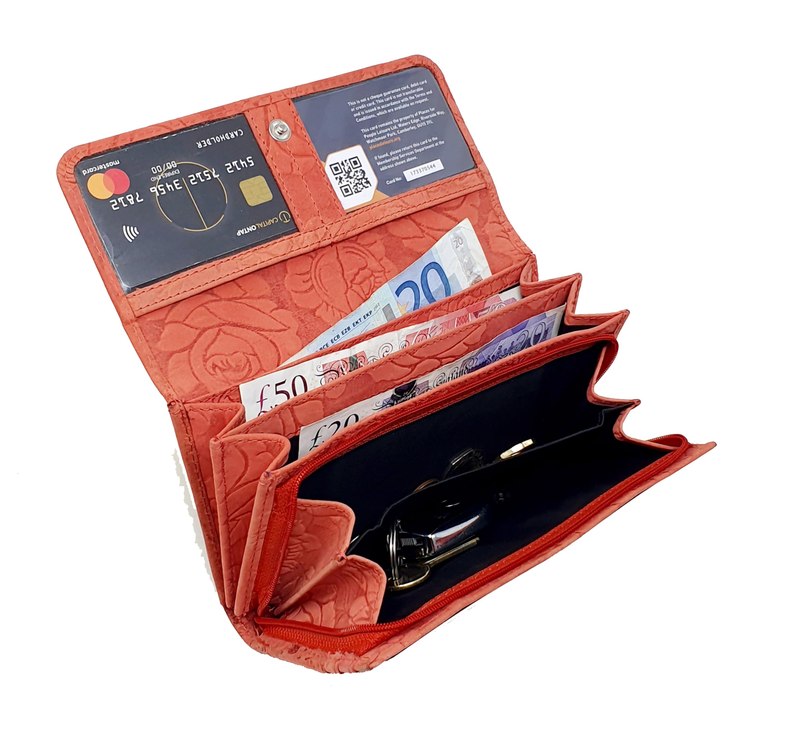 Women's Genuine Leather RFID Blocking Wallet - Floral Embossed Crossbody Purse with Zipper Pocket for Credit Cards, Coins & Phone | Stylish Ladies Handbag for Work, Travel & Everyday Use (Red)