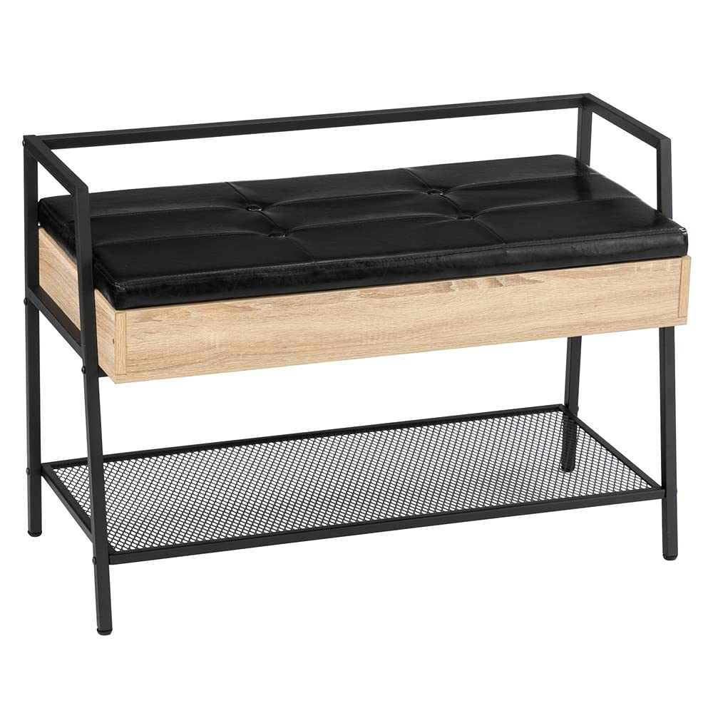 Gelsey Industrial Shoe Rack Bench with Storage - White Oak Entryway Bench with Padded Seat & Metal Shelf, Hidden Storage Chest for Hallway, Living Room | Perfect for Organizing Shoes, Coats & Home Essentials by Entry Door
