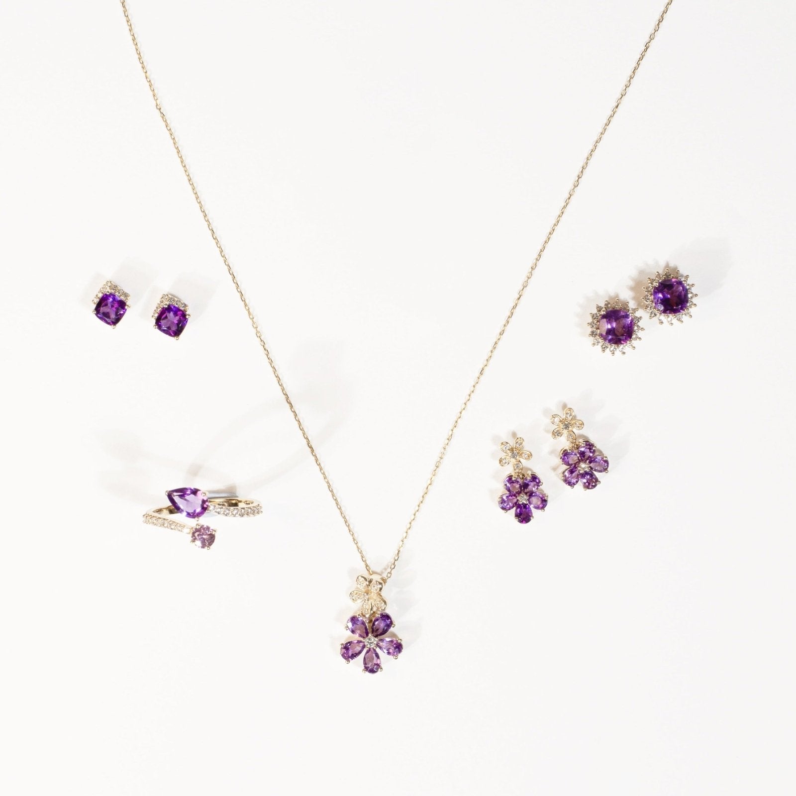10k Yellow Gold Amethyst & White Sapphire Double Flower Drop Pendant Necklace - Elegant Jewelry Gift for Women, Perfect for Weddings, Anniversaries & Special Occasions