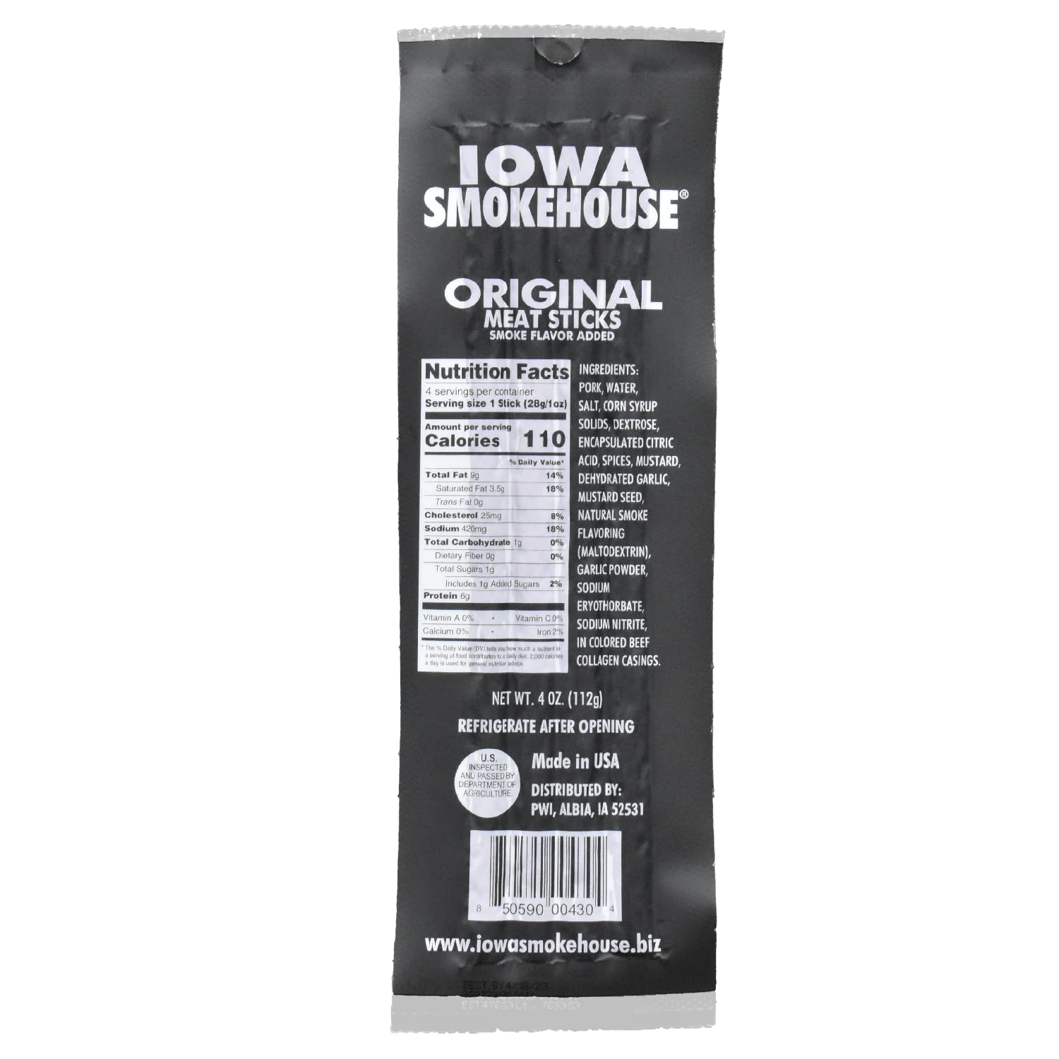 IOWA SMOKEHOUSE Original Meat Sticks - High Protein Pork Snack (7g per Stick) - 4 Vacuum Sealed Ready-to-Eat Sticks - Made with 100% USA Pork - 4oz Pack - Perfect for Hiking, Camping & On-the-Go Snacking