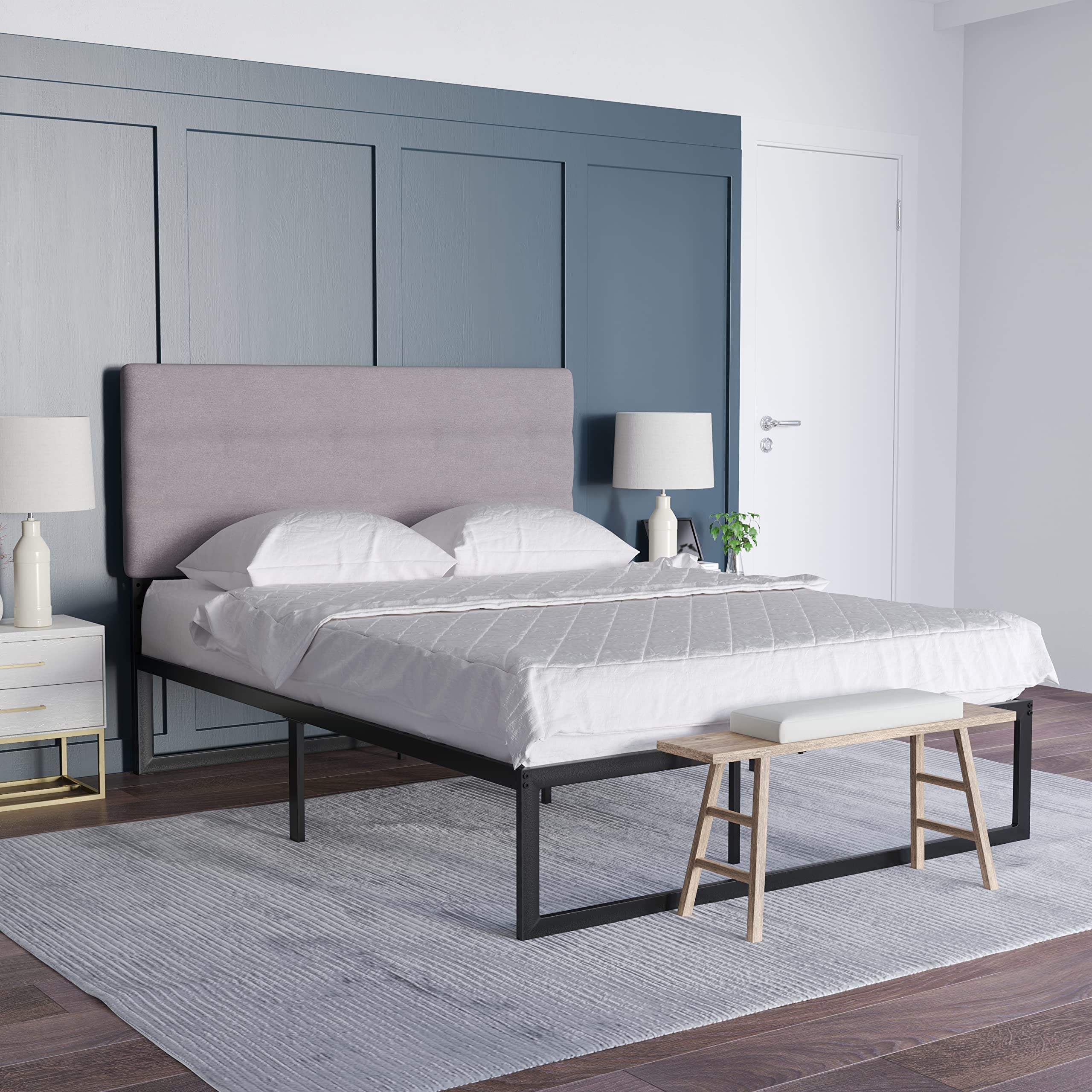 EMMA + OLIVER Gannon Queen Size Upholstered Headboard - Gray Fabric Adjustable Height Bed Headboard - Easy 30-Minute Assembly - Fits Most Bed Frames (Not Included) - Perfect for Master Bedroom, Guest Room & Apartment Decor