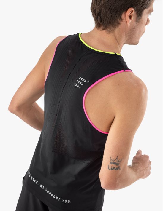 Compressport Men's Pro Racing Singlet - Lightweight Breathable Running Top for Marathon & Triathlon - Black/Safe Yellow - Ideal for Competition, Training & Outdoor Sports