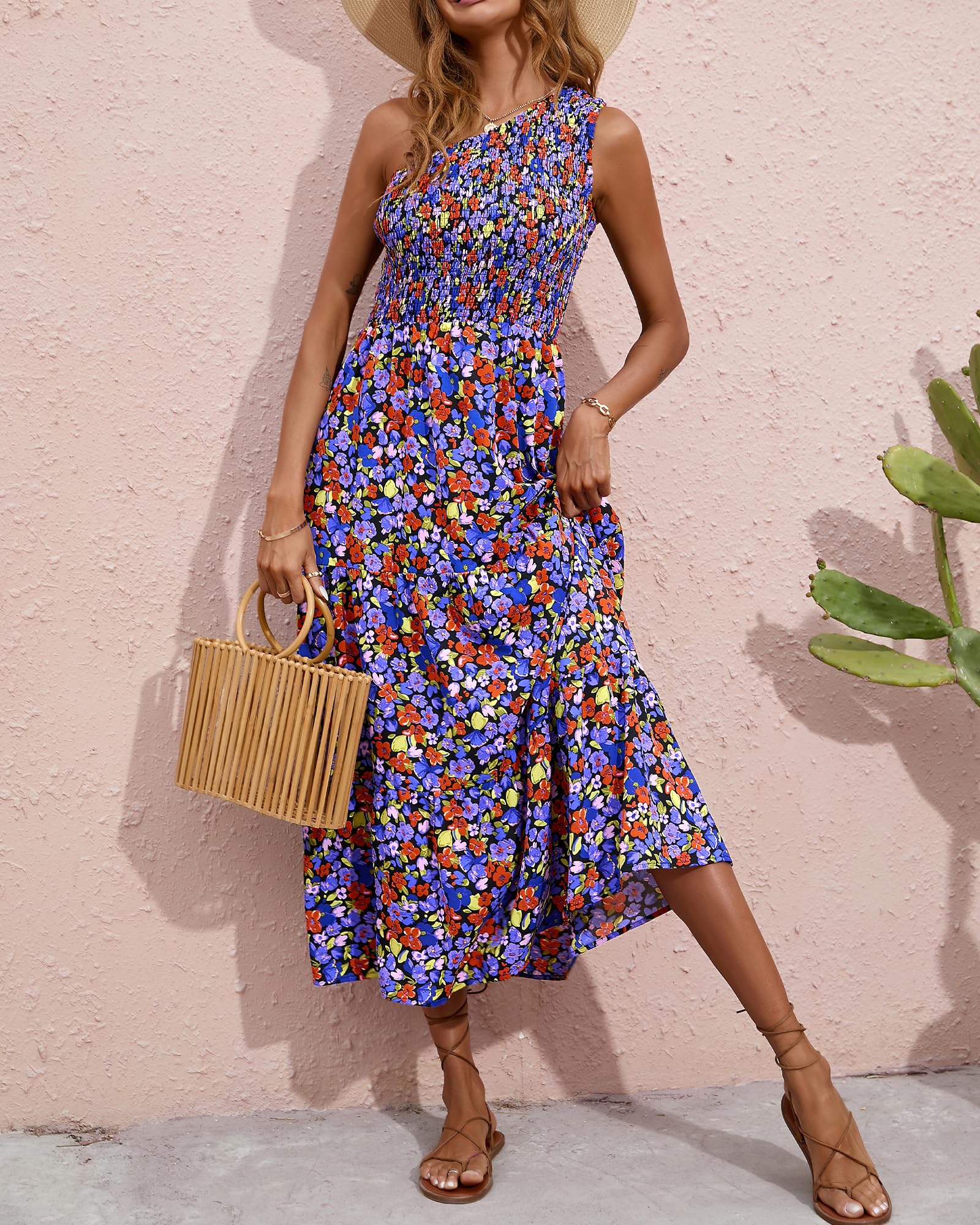 BTFBM Women's One Shoulder Floral Maxi Dress - Sleeveless High Waist Boho Beach Dress for Summer 2025 | Casual Smocked Flowy Dress for Vacations, Parties & Outdoor Events