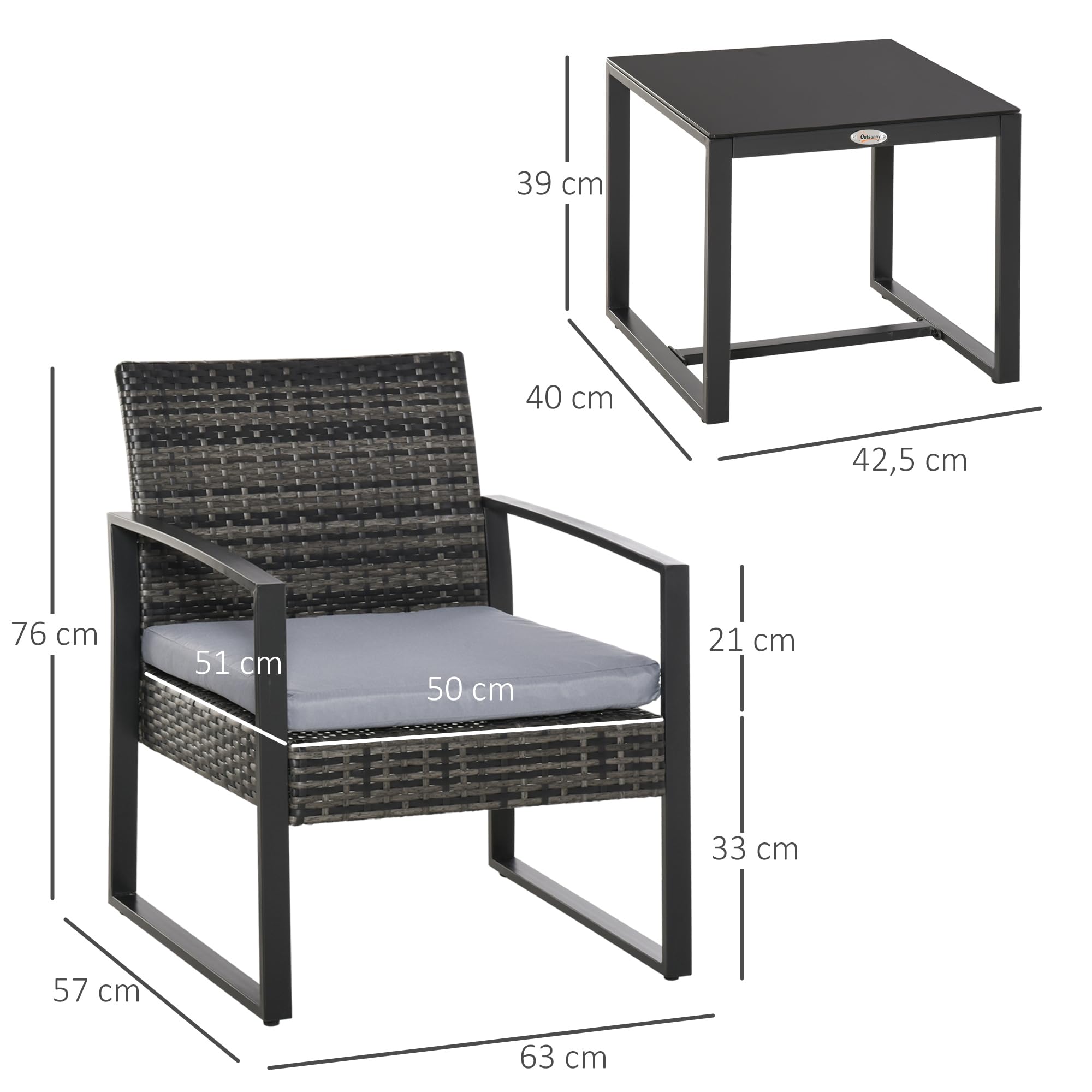 Outsunny 3-Piece Patio Furniture Set - 42.5x40x39 inch Rattan Dining Table & 2 Chairs with Cushions - Waterproof Outdoor Garden, Balcony, Terrace Furniture - Perfect for Backyard, Poolside & BBQ Parties