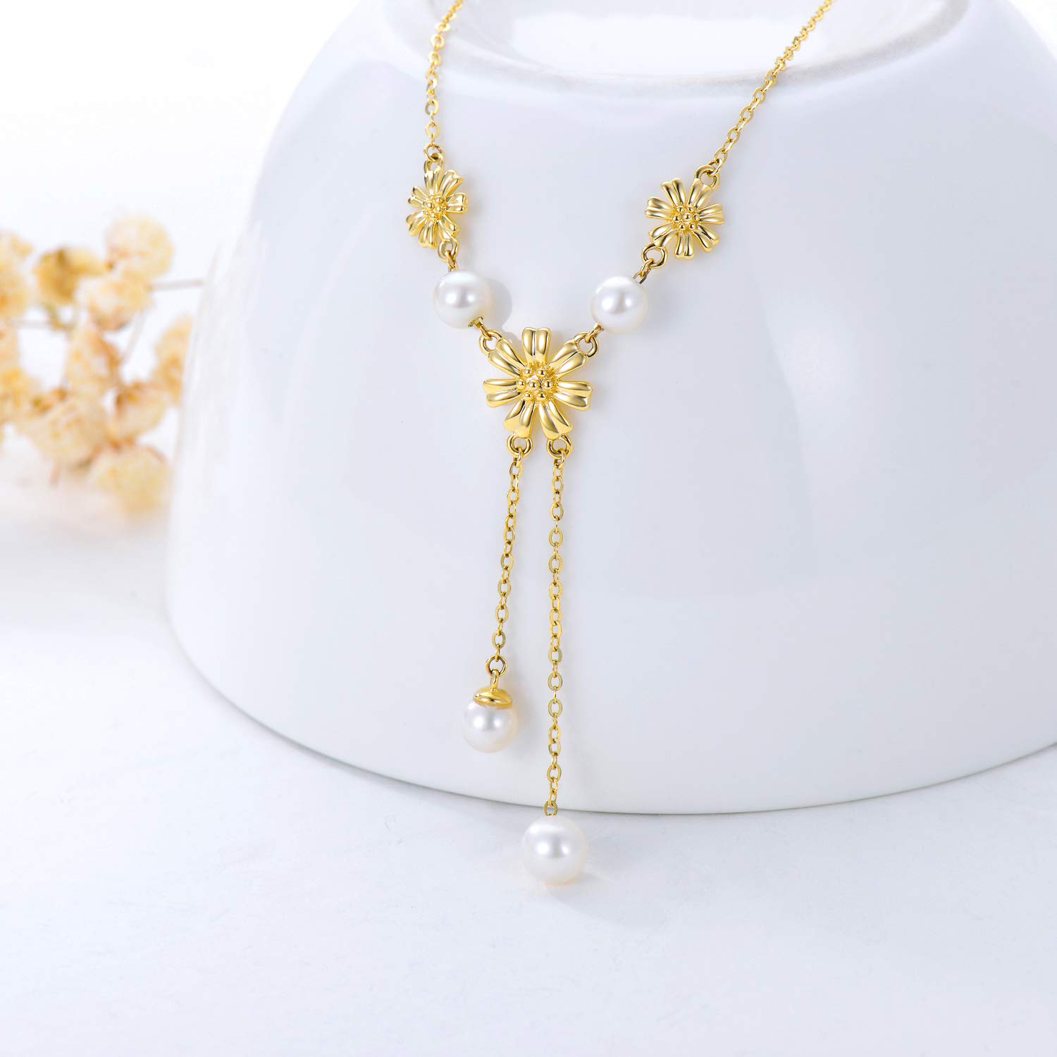 14K Solid Gold Sunflower Necklace for Women - Elegant Gold Pearl Y-Shaped Lariat Necklace | Perfect Birthday, Anniversary & Mother's Day Jewelry Gift for Mom & Wife | 16