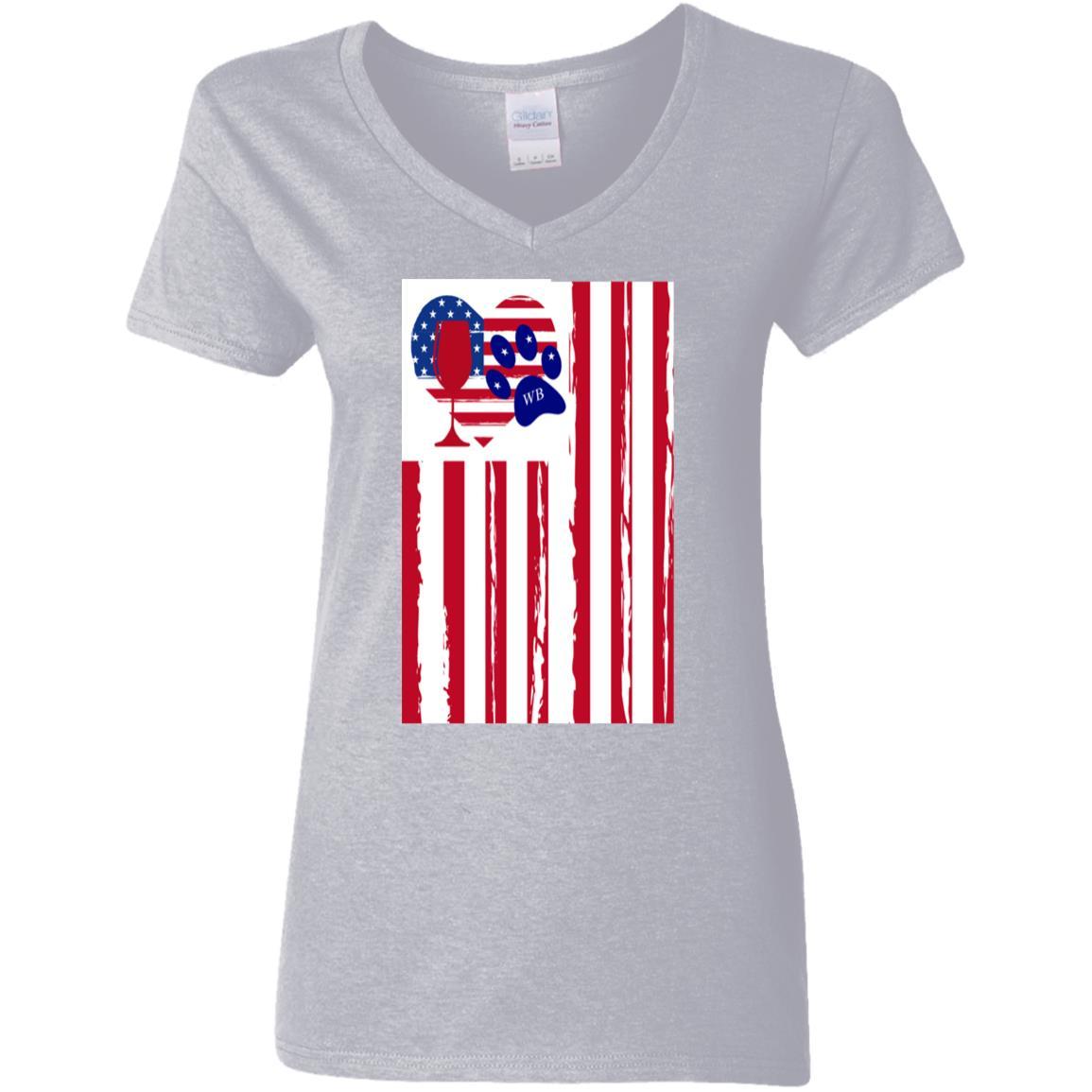 American Flag Wine Paw Heart V-Neck T-Shirt for Women - 5.3 oz Soft Cotton Ladies Tee - Perfect for 4th of July, Patriotic Events & Wine Lovers