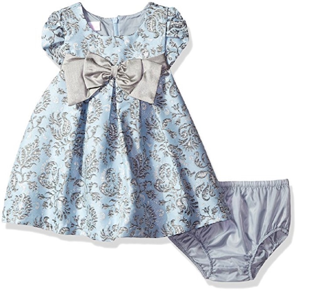 Bonnie Baby Girls' Short Sleeve Brocade Dress with Taffeta Bow - Perfect for Birthday Parties, Photo Shoots & Special Occasions