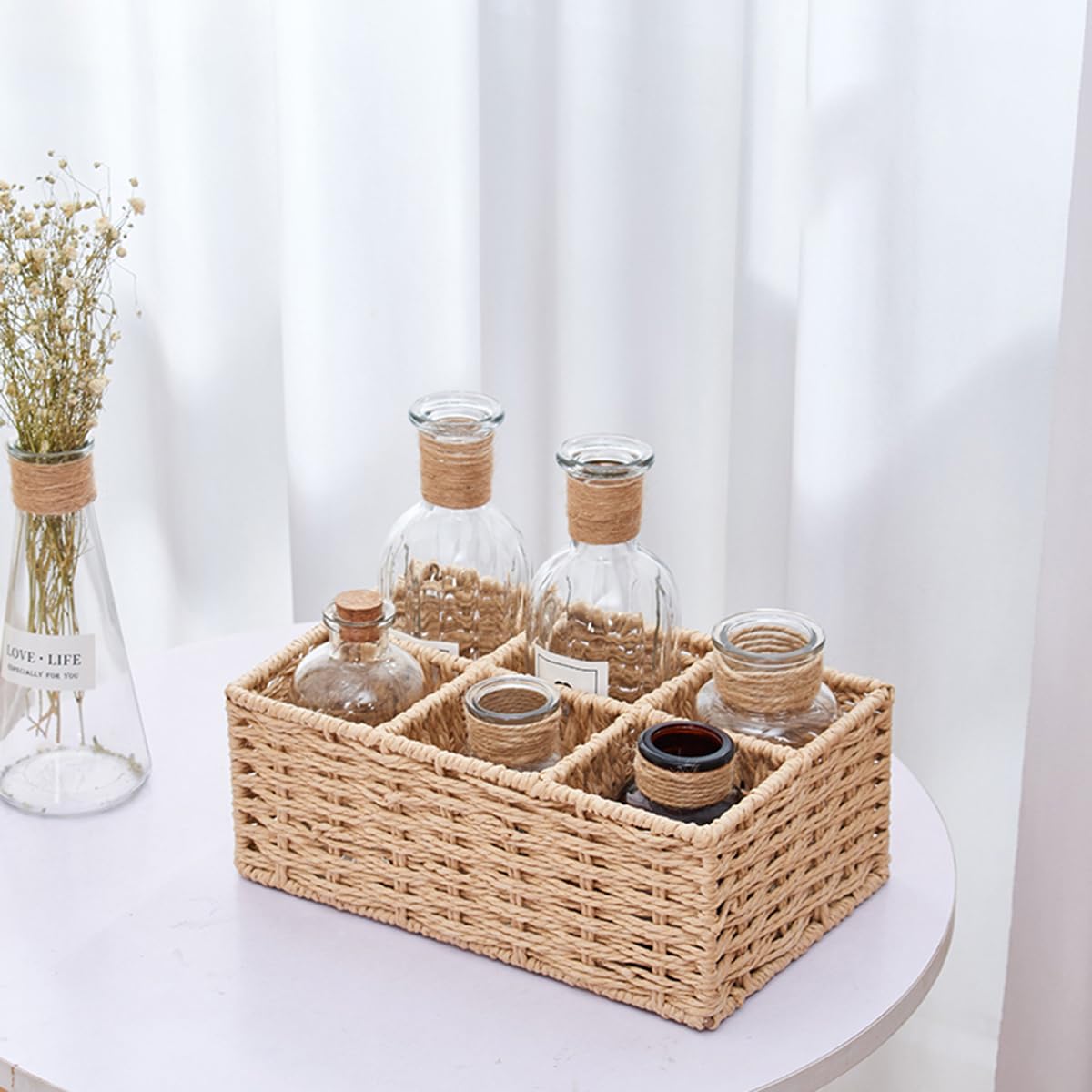 6-Grid Rattan Storage Box for Desk - Phone & Remote Holder - Office & Home Use (Khaki)