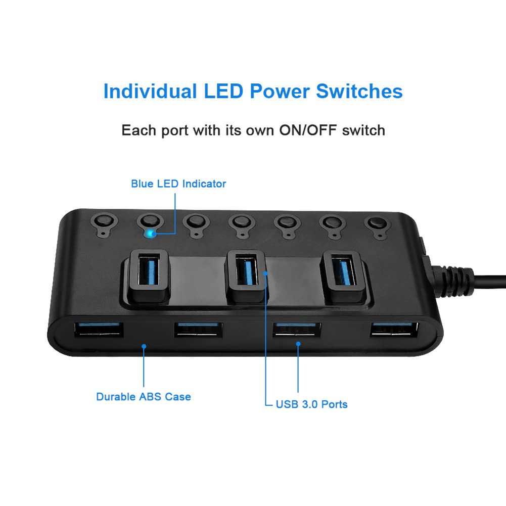 Vervmczn 7-Port USB 3.0 Hub Adapter with Individual Switches - High-Speed Portable USB Splitter for Laptop, PC, and Computer - Ideal for Home Office, Gaming, and Multi-Device Charging