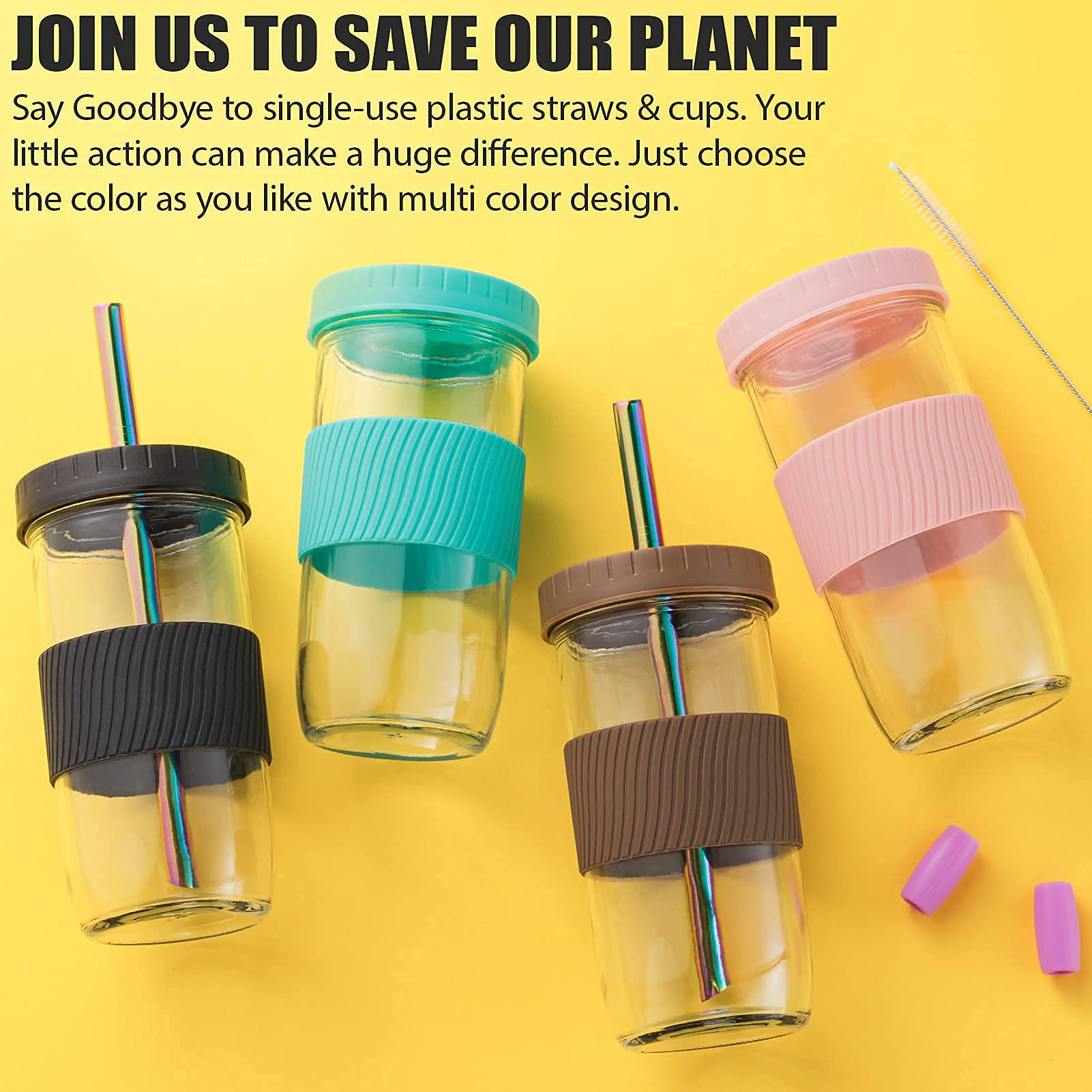 Reusable 24oz Glass Mason Jars with Lids & Straws - 2 Pack Wide Mouth Smoothie Cups, Bubble Tea Glasses with Silicone Sleeves - Leakproof Travel Tumbler for Iced Coffee, Juice & Large Pearls - Perfect for Home, Office & Birthday Gifts