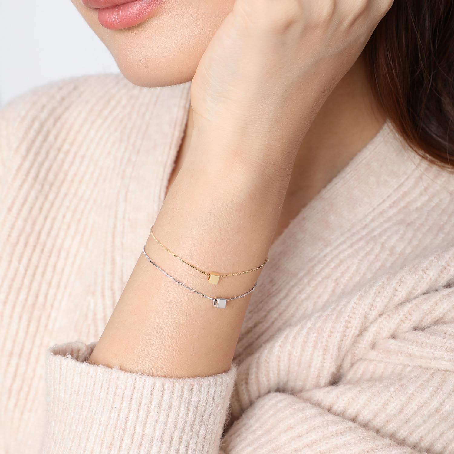 Meissa Sterling Silver Bracelet for Women - Gold Plated Cube Charm, Handmade Box Chain, Stackable Jewelry Gift (Silver) | Perfect for Everyday Wear, Layering & Special Occasions