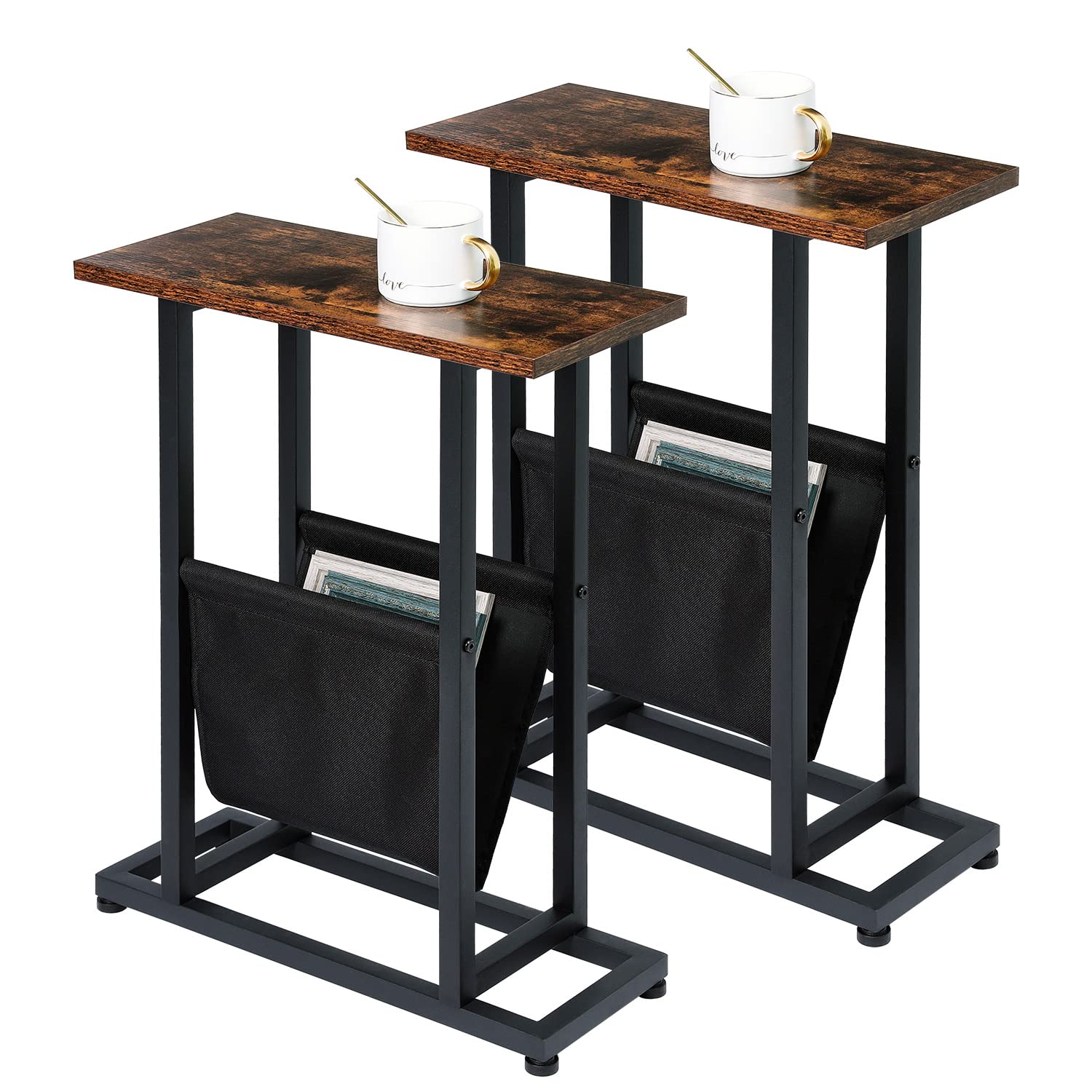 LAKEMID Narrow Side Table Set of 2 - Skinny End Table with Magazine Holder - Thin Bedside Table for Small Spaces - Rustic Brown - Perfect for Living Room, Bedroom & Dorm Use