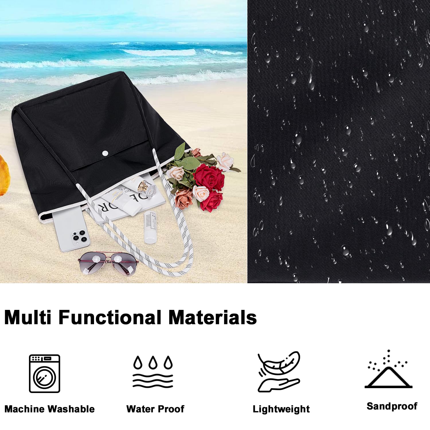 BTOOP Waterproof Sandproof Beach Tote Bag for Women - Large Zippered Pool Bag for Vacation, Travel & Holiday - Perfect for Beach Trips, Swimming & Outdoor Activities