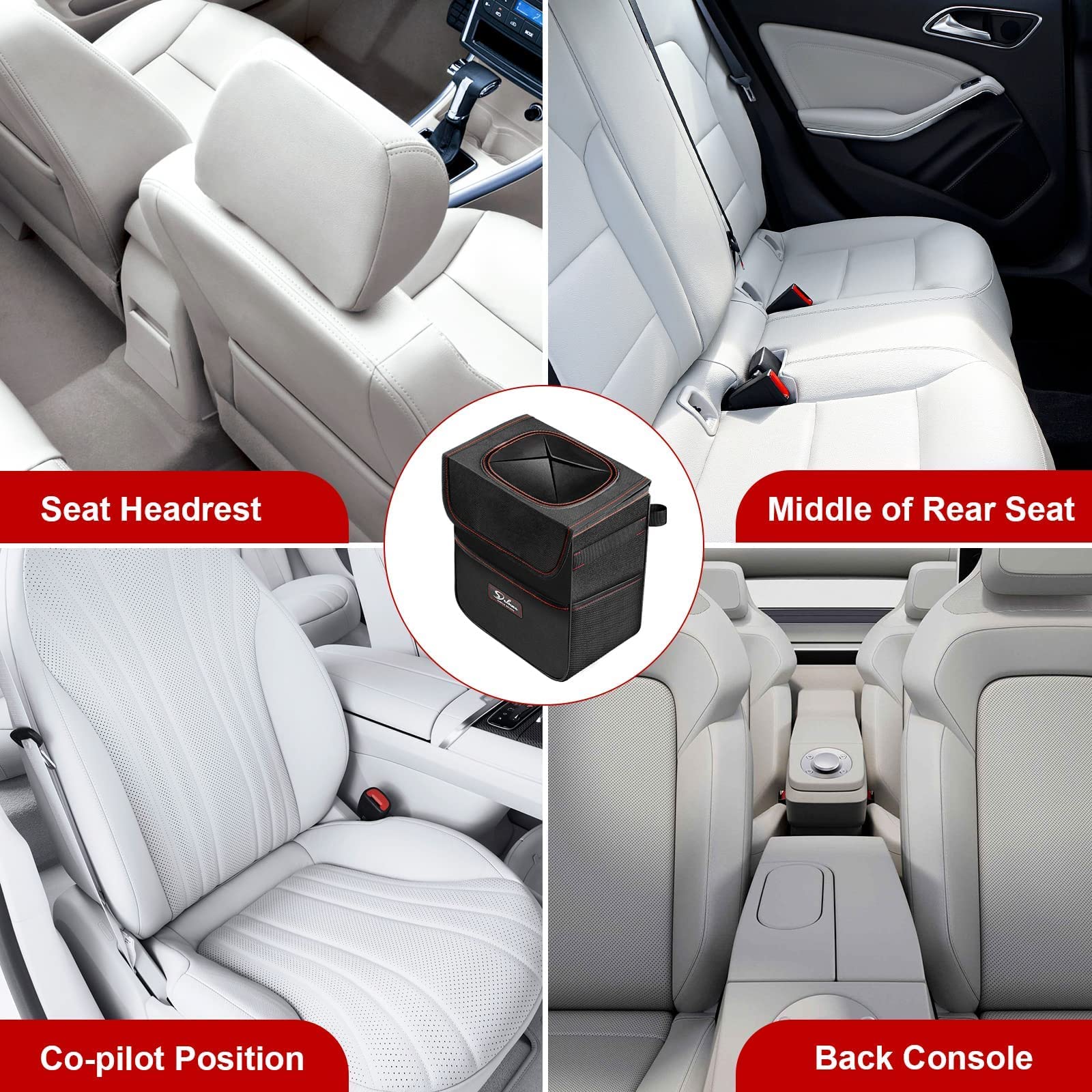 Simple Deluxe 2 Pack Leak-Proof Car Trash Can with Lid & Storage Pockets - Adjustable Straps, Collapsible & Waterproof 2 Gallon Auto Garbage Bin for SUV, Truck, Road Trips & Travel Accessories - Black