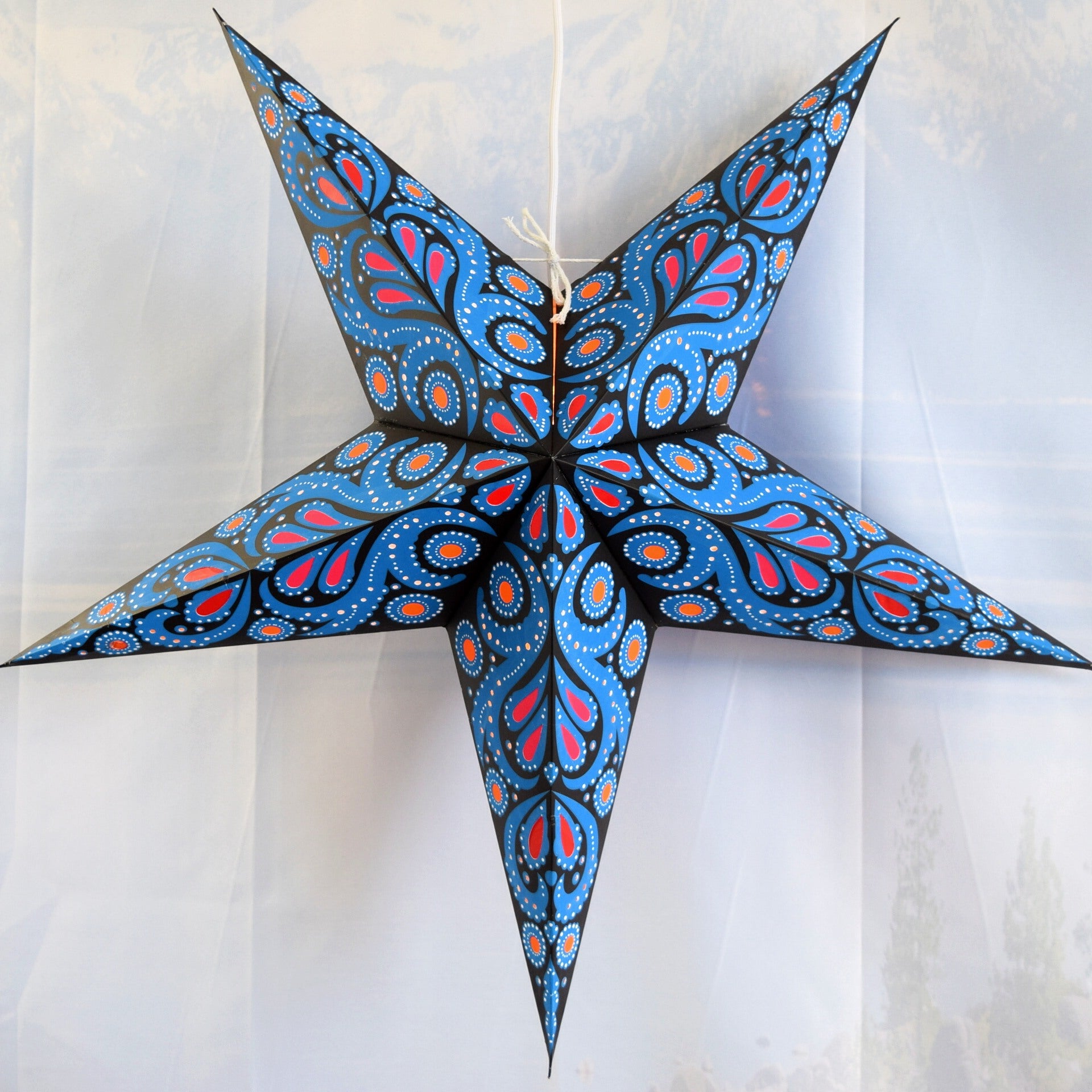 24 Inch Blue Astral Bloom Paper Star Lantern with Pendant Light - DIY Hanging Decor for Bedroom, Nursery, Wedding & Party Decoration