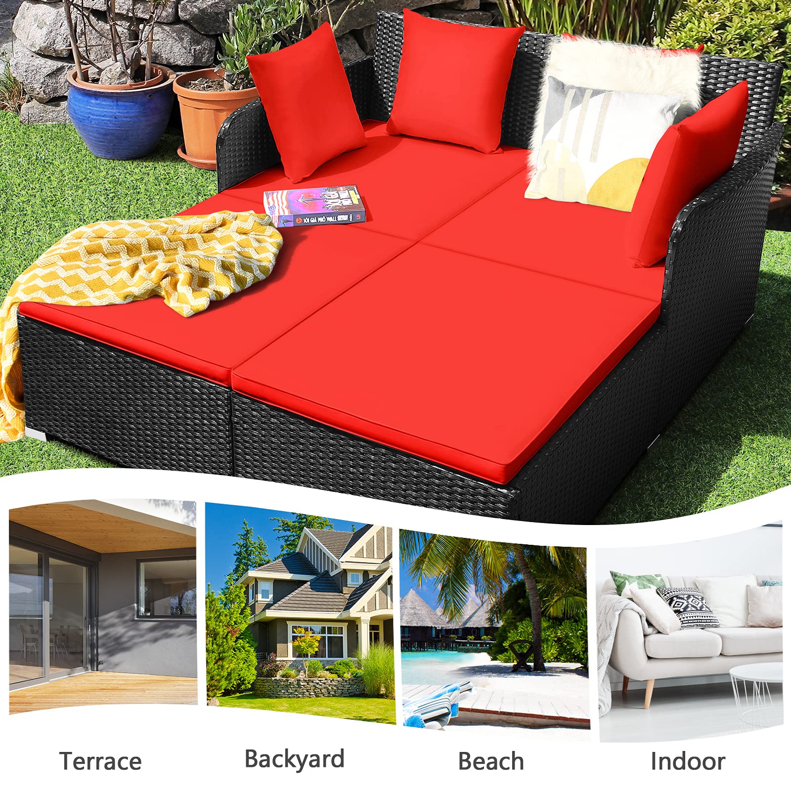 Outdoor Rattan Daybed Patio Loveseat Sofa Set with Padded Cushions & Sturdy Aluminum Frame - Wicker Patio Furniture for Garden, Porch, Poolside - Perfect for Relaxing, Sunbathing & Outdoor Entertaining