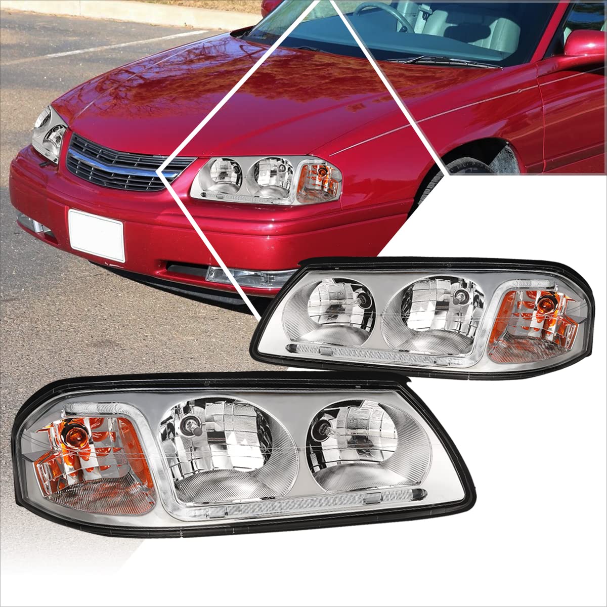 PM PERFORMOTOR 2Pcs LED DRL Headlight Assembly for 00-05 Chevy Impala - Chrome Housing Headlamps with Daytime Running Lights | Perfect for Night Driving & Car Upgrades