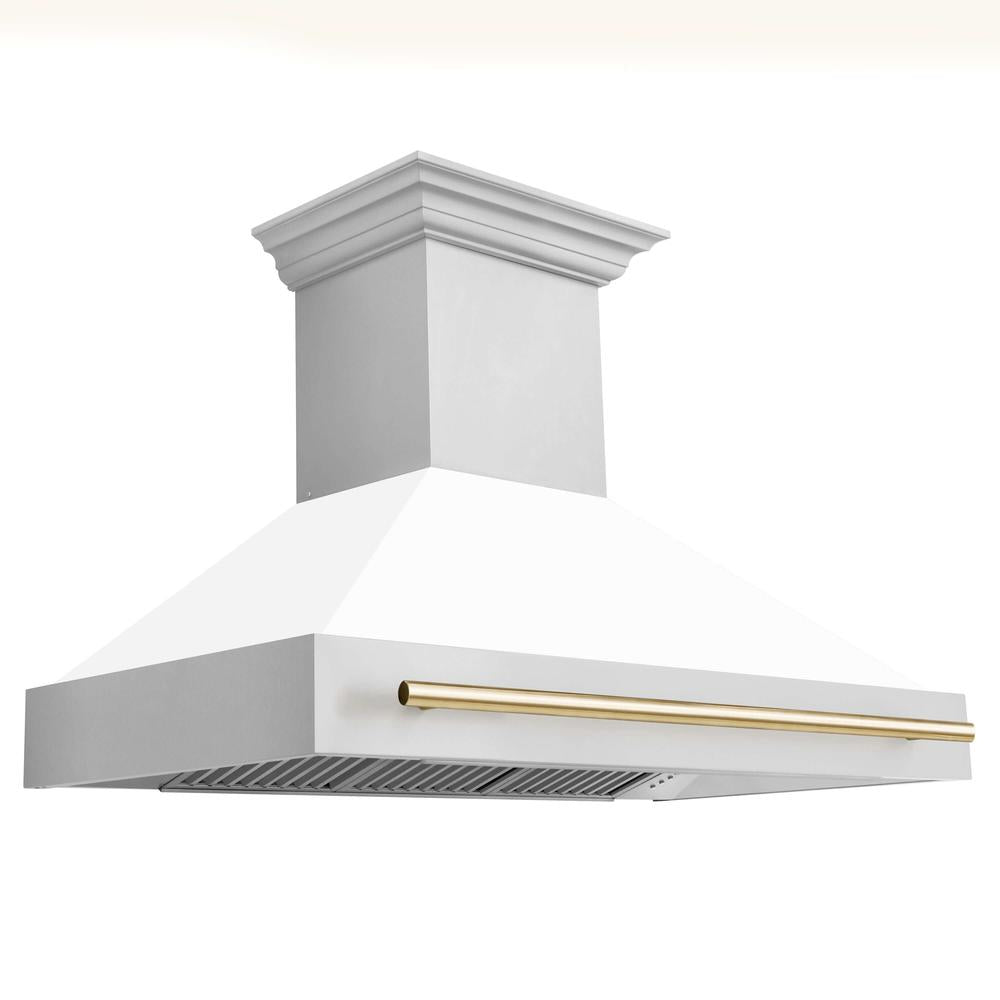 ZLINE Autograph Edition 48-inch Stainless Steel Dual Fuel Range with White Matte Door & Range Hood with Polished Gold Accents - Professional Kitchen Package for Modern Homes | Perfect for Gourmet Cooking & Entertaining
